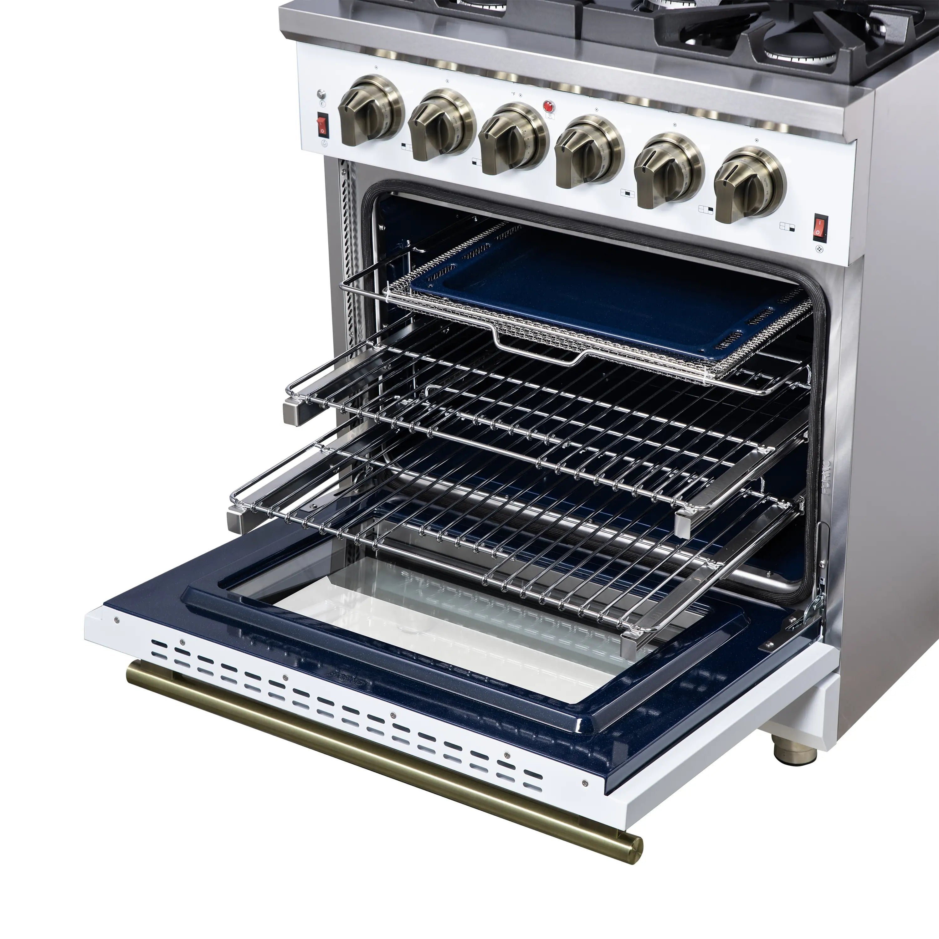 White gas range with oven door open, metal racks, and blue-toned oven interior