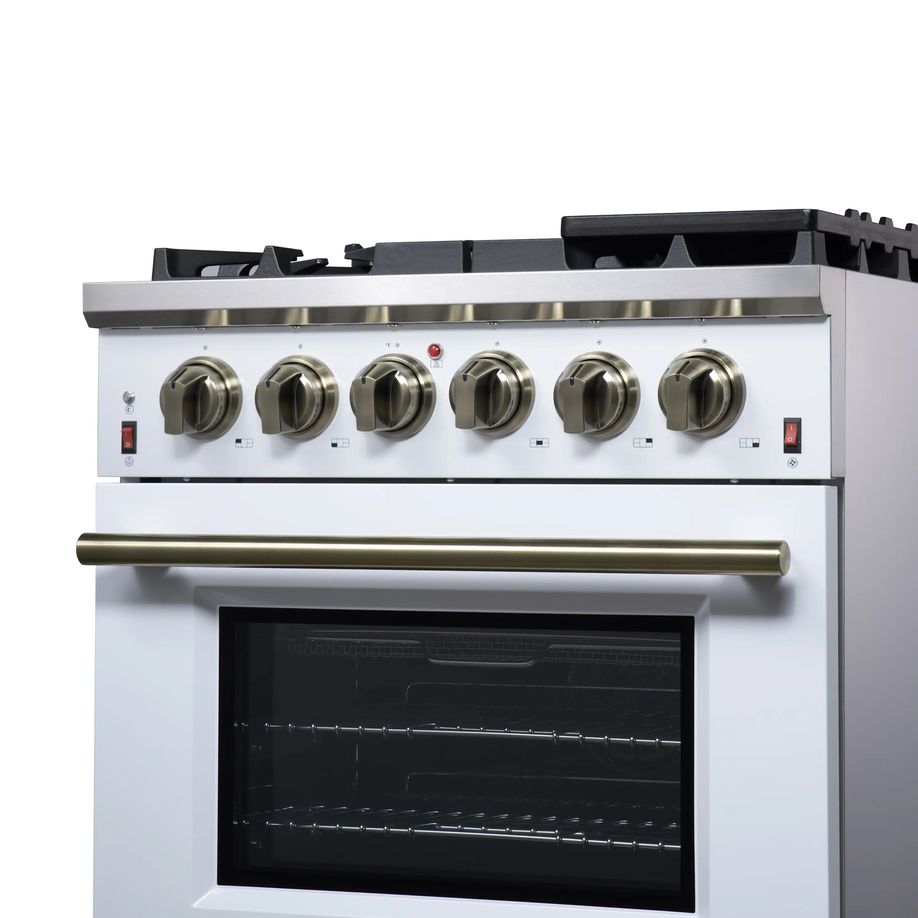 White freestanding gas range with six round burner knobs and convection oven window