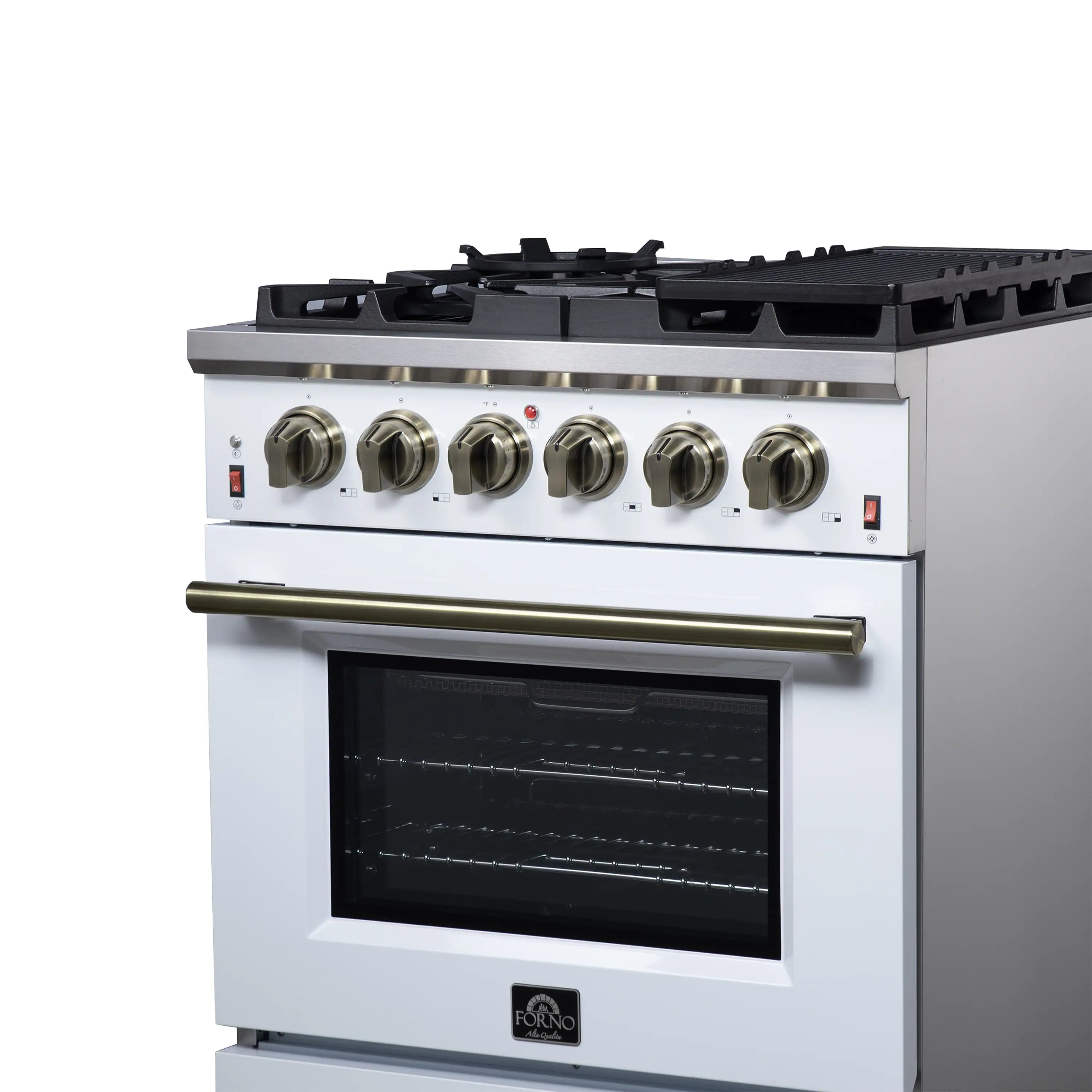 White freestanding gas range with burner grates, six knobs, and oven door with window