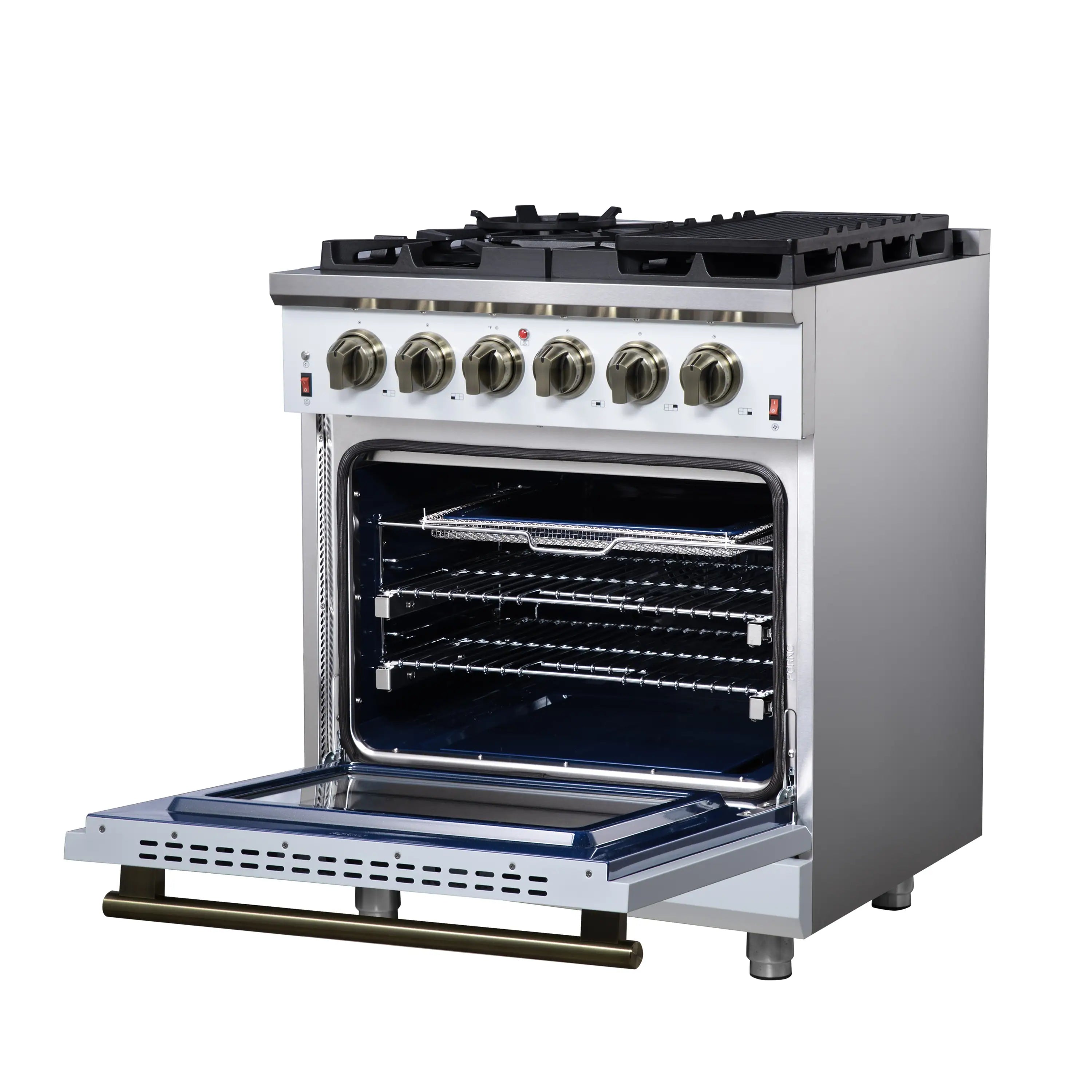 White freestanding gas range with open convection oven door, brass handle, and four burners.