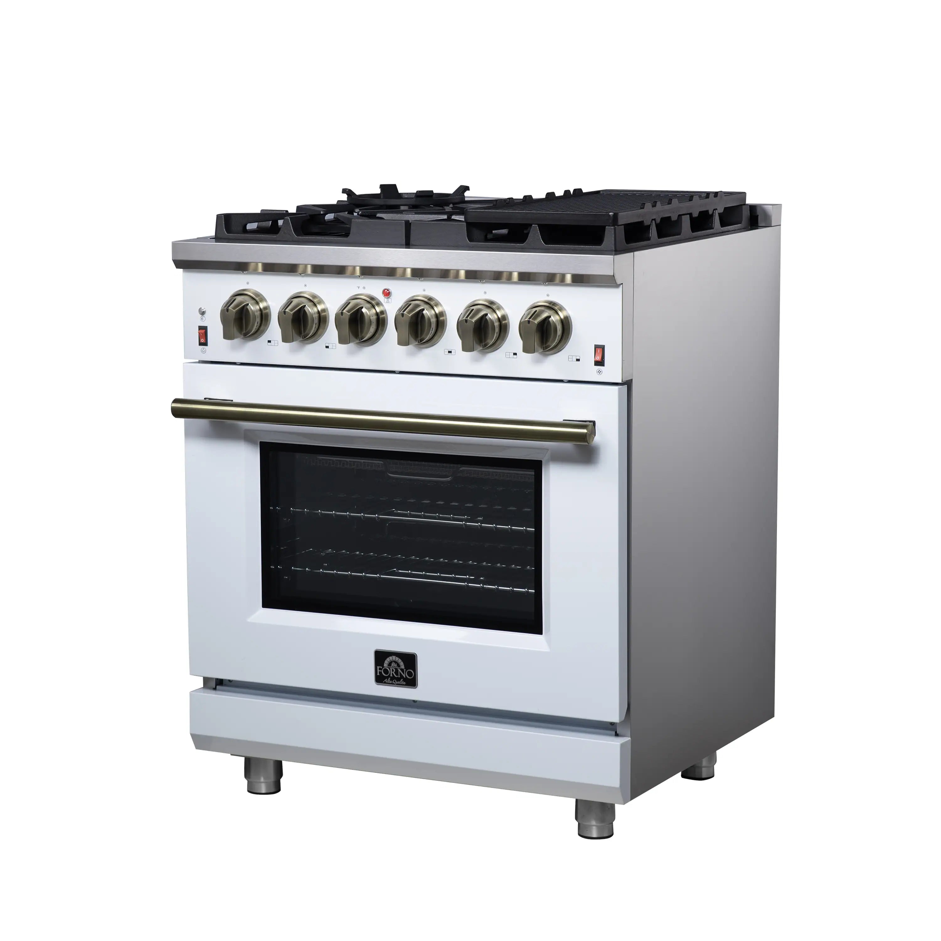 White freestanding gas range with black burner grates, six knobs, and open-view oven door