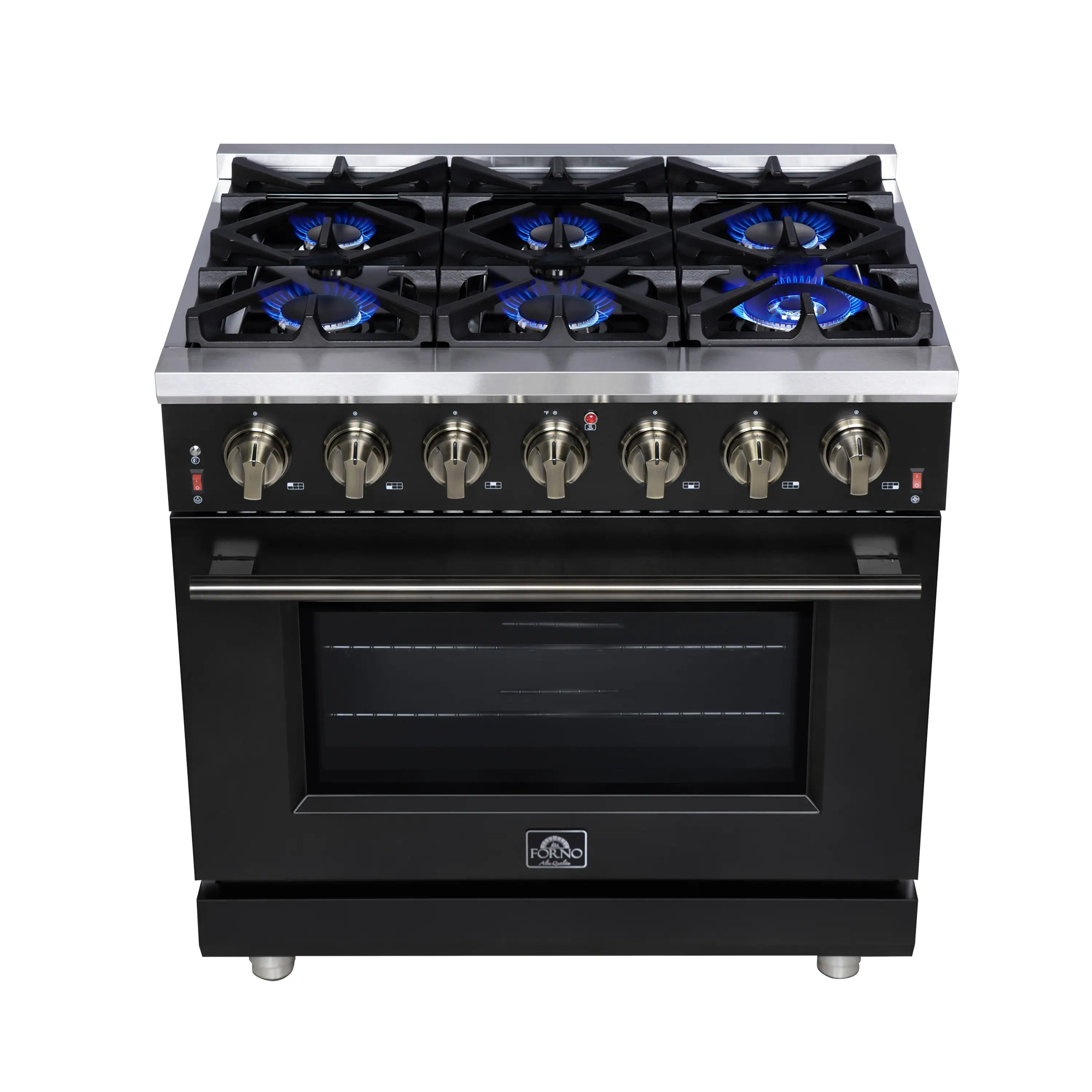 Black freestanding gas range with six burners and large oven door with stainless handle