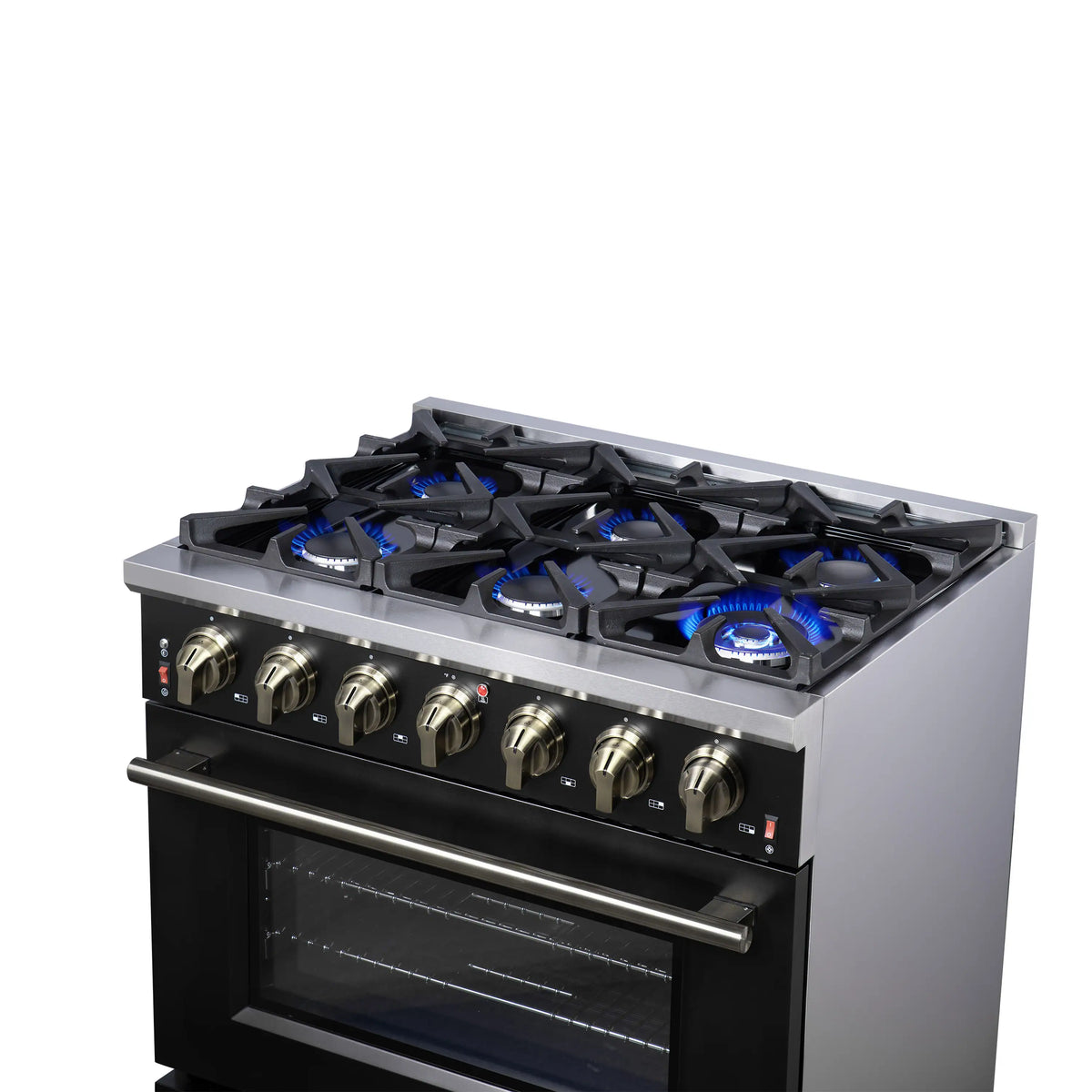 Black freestanding gas range with six blue-flame burners and front control knobs