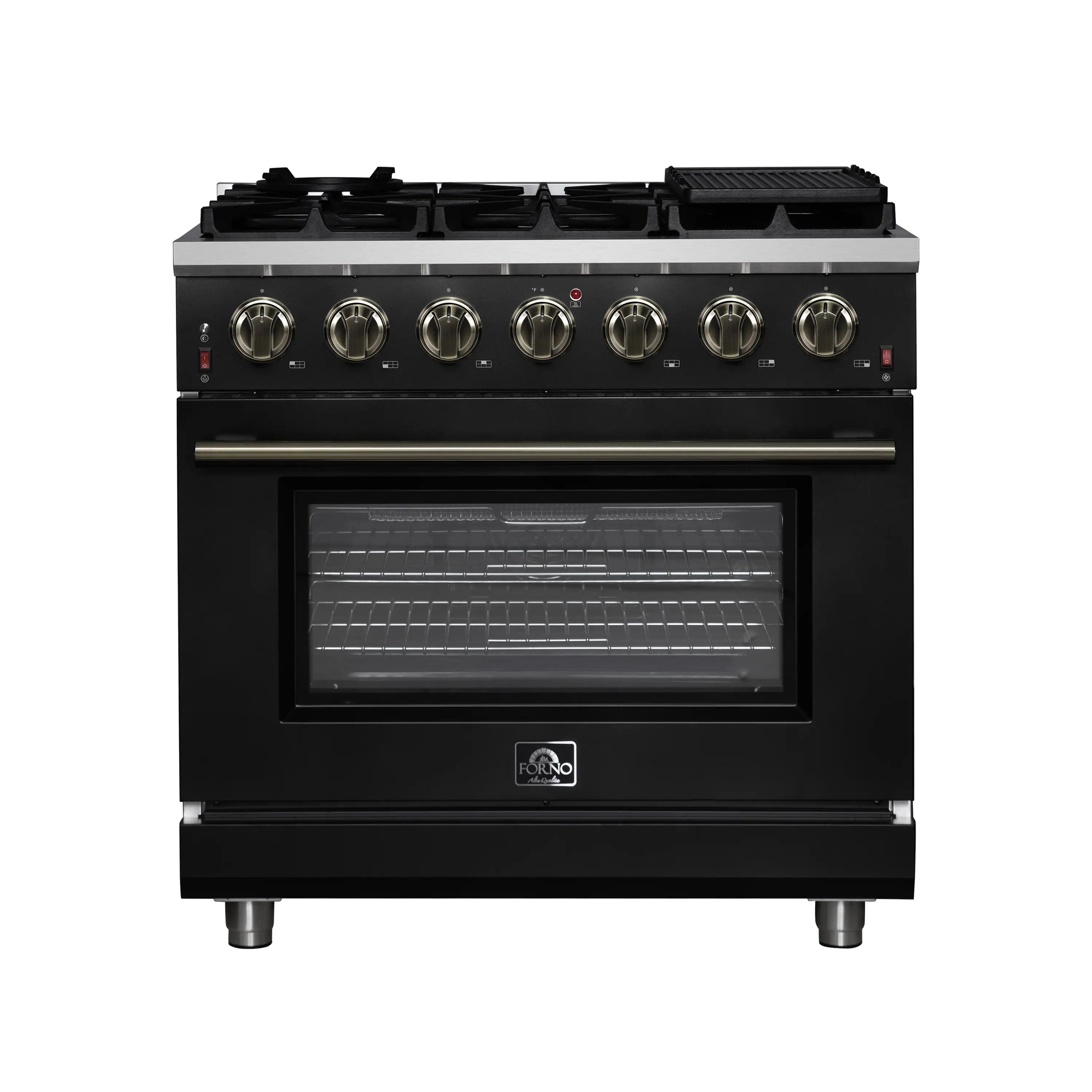 Black freestanding gas range with 6 burners, convection oven window, and brass control knobs.