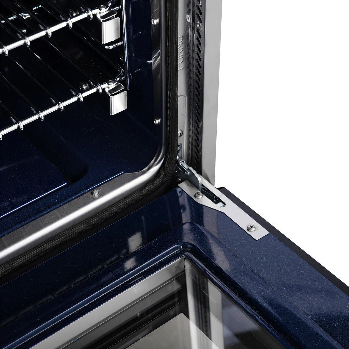 Convection oven interior corner with wire racks and door hinges on a black range.