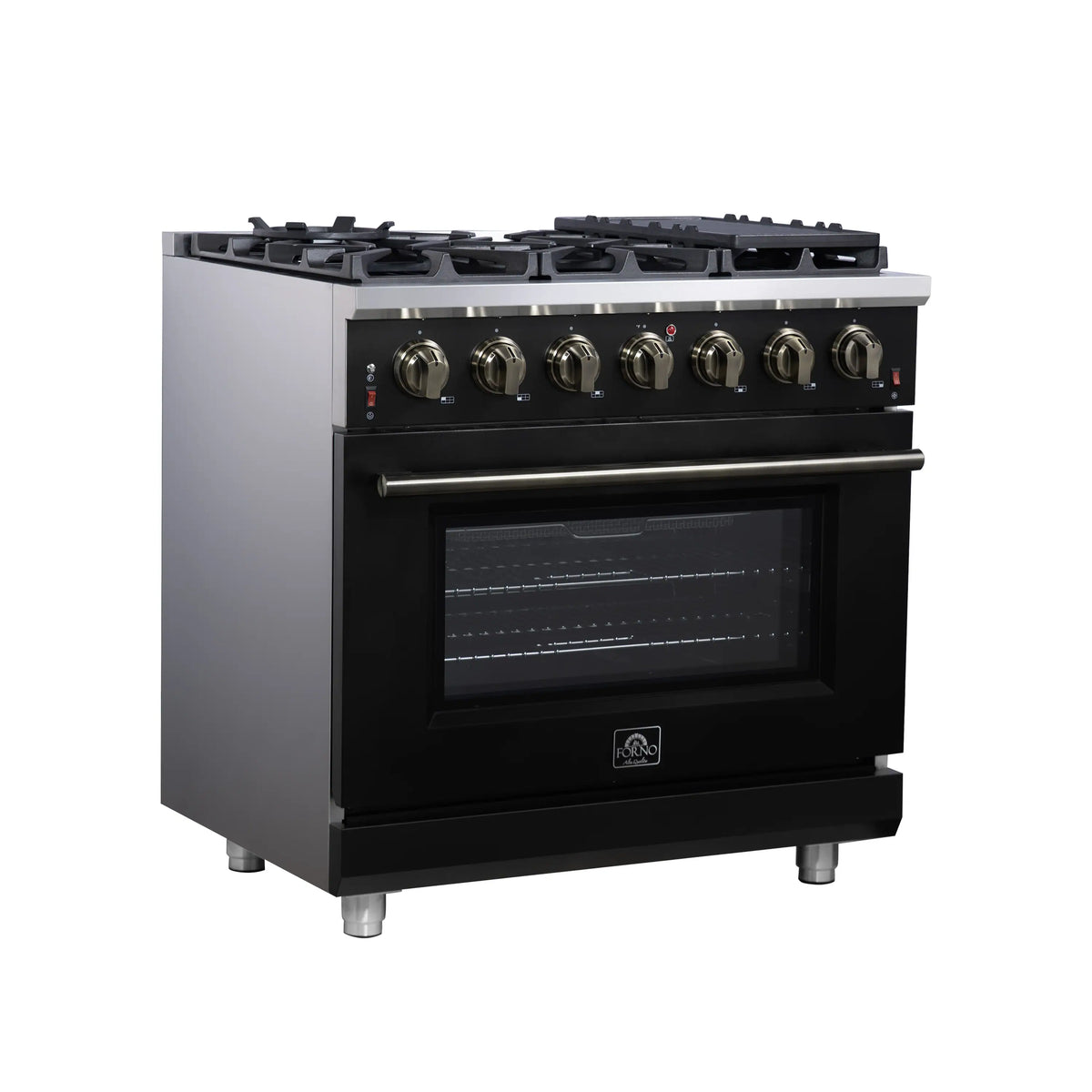 Black freestanding gas range with 6 burners, convection oven, brass knobs and front handle.