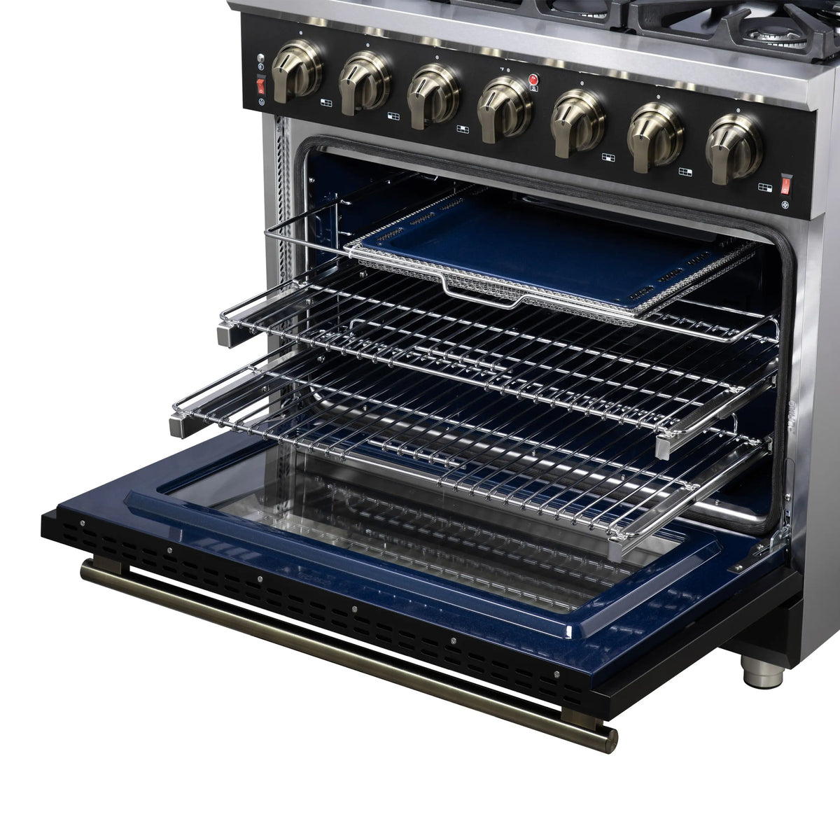 Open convection oven with racks and blue interior, on a black 6-burner gas range.