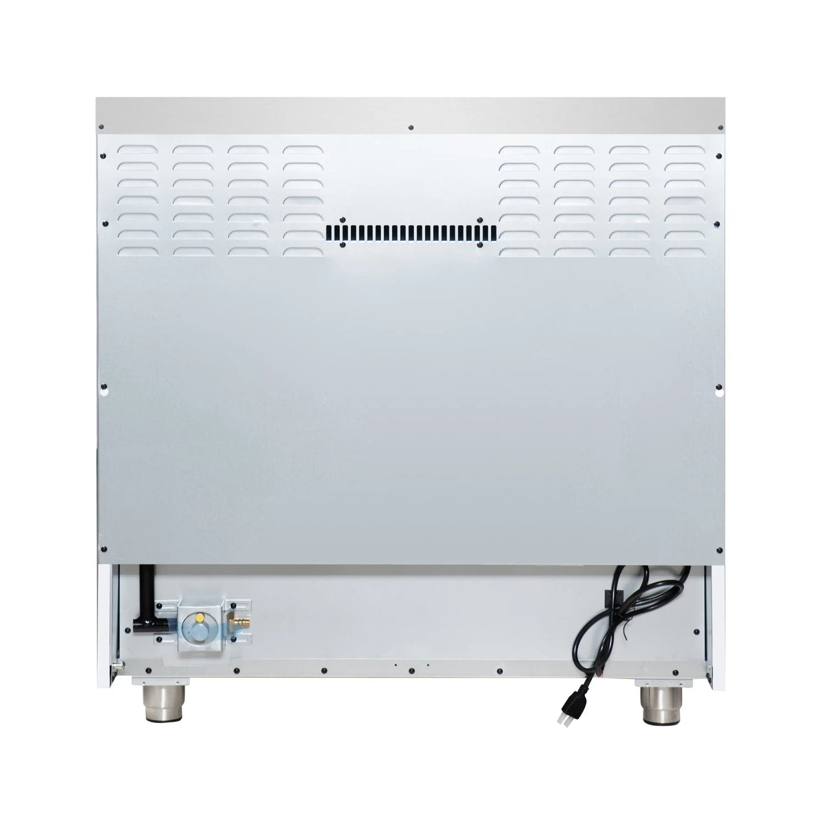 Underside of freestanding range with vents, power connection, and leveling legs