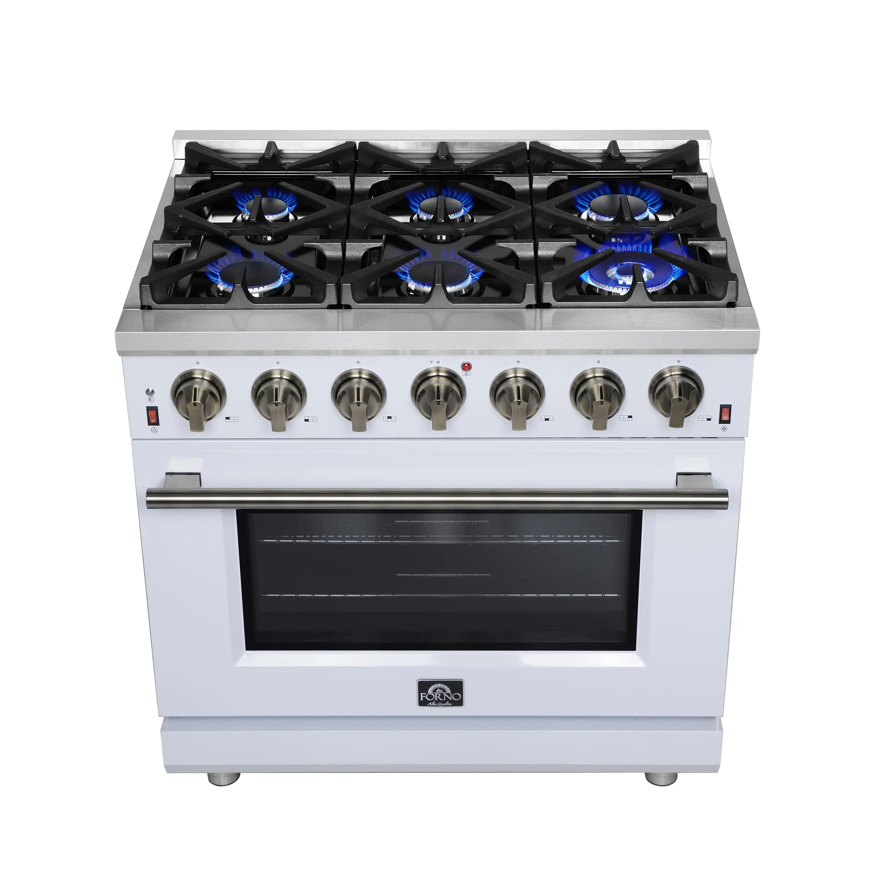 Gas range with 6 burners showing blue flames, white body and oven window