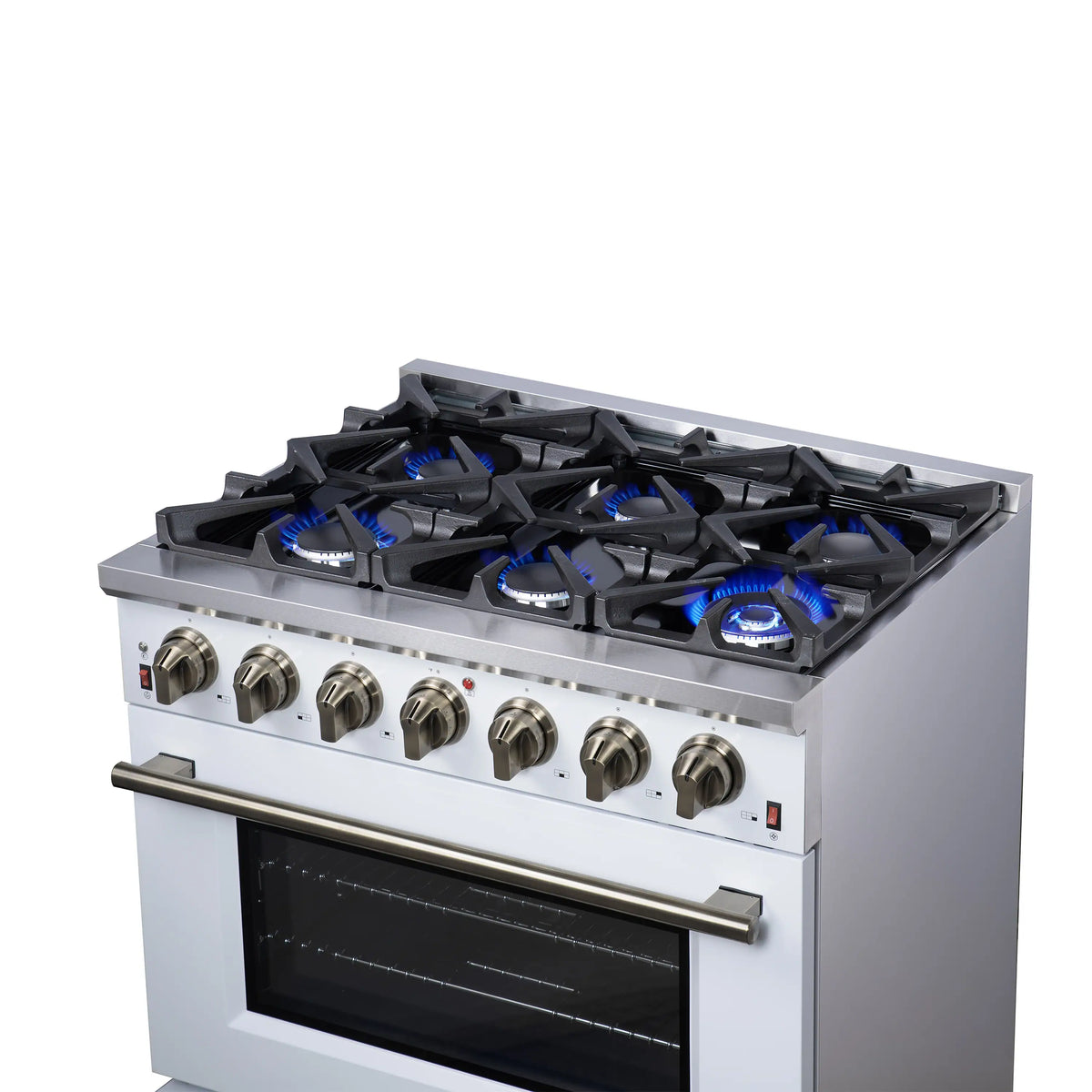 Gas cooktop with 6 lit burners and brass control knobs, white range body