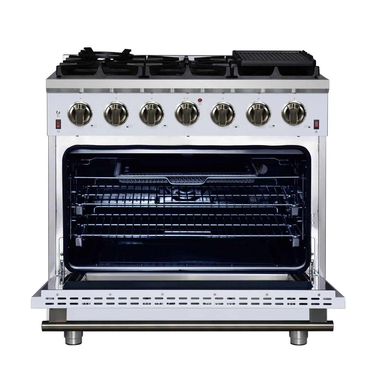 Open gas oven with convection racks and heating elements, stainless interior