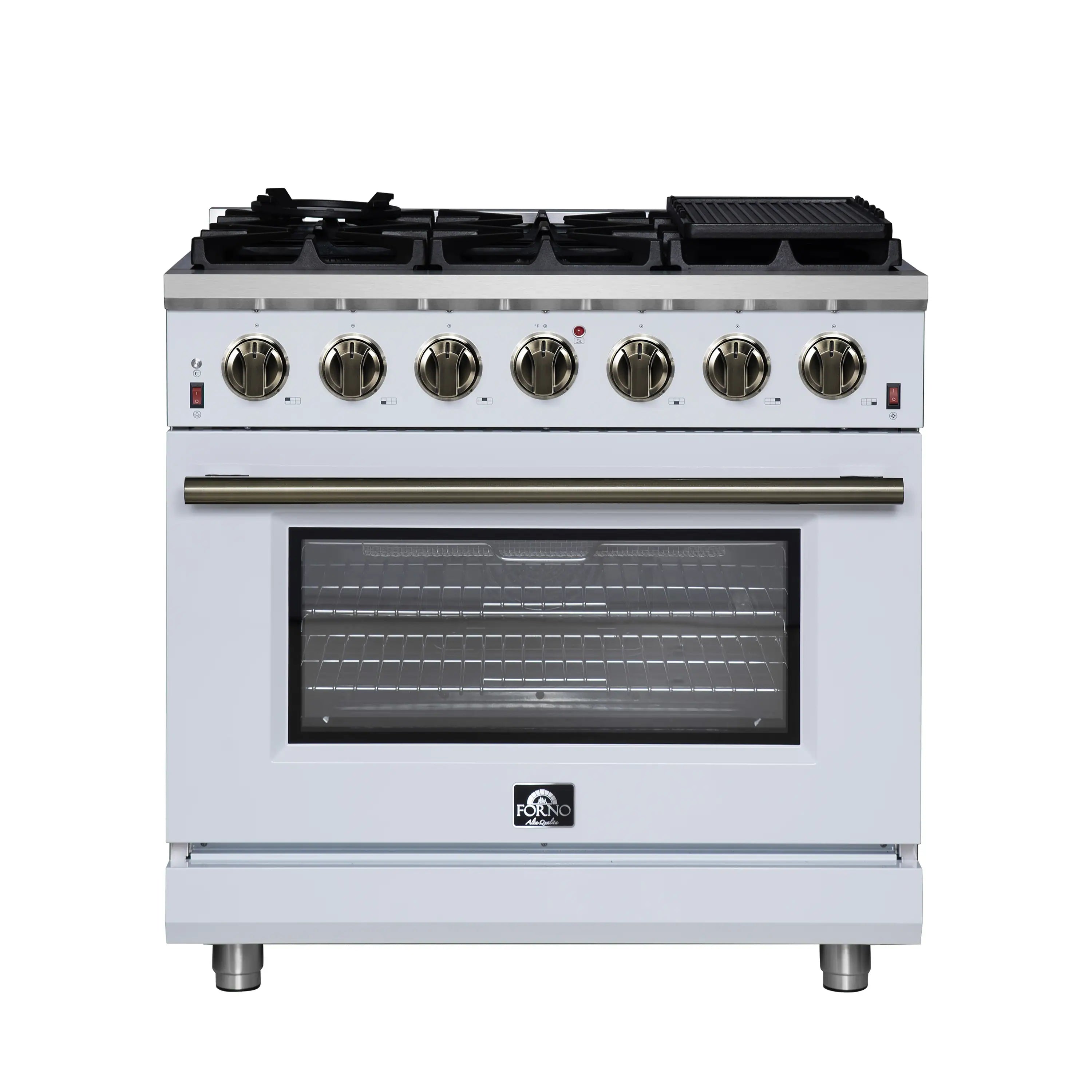 Freestanding gas range front view, white oven door window, 6 brass control knobs