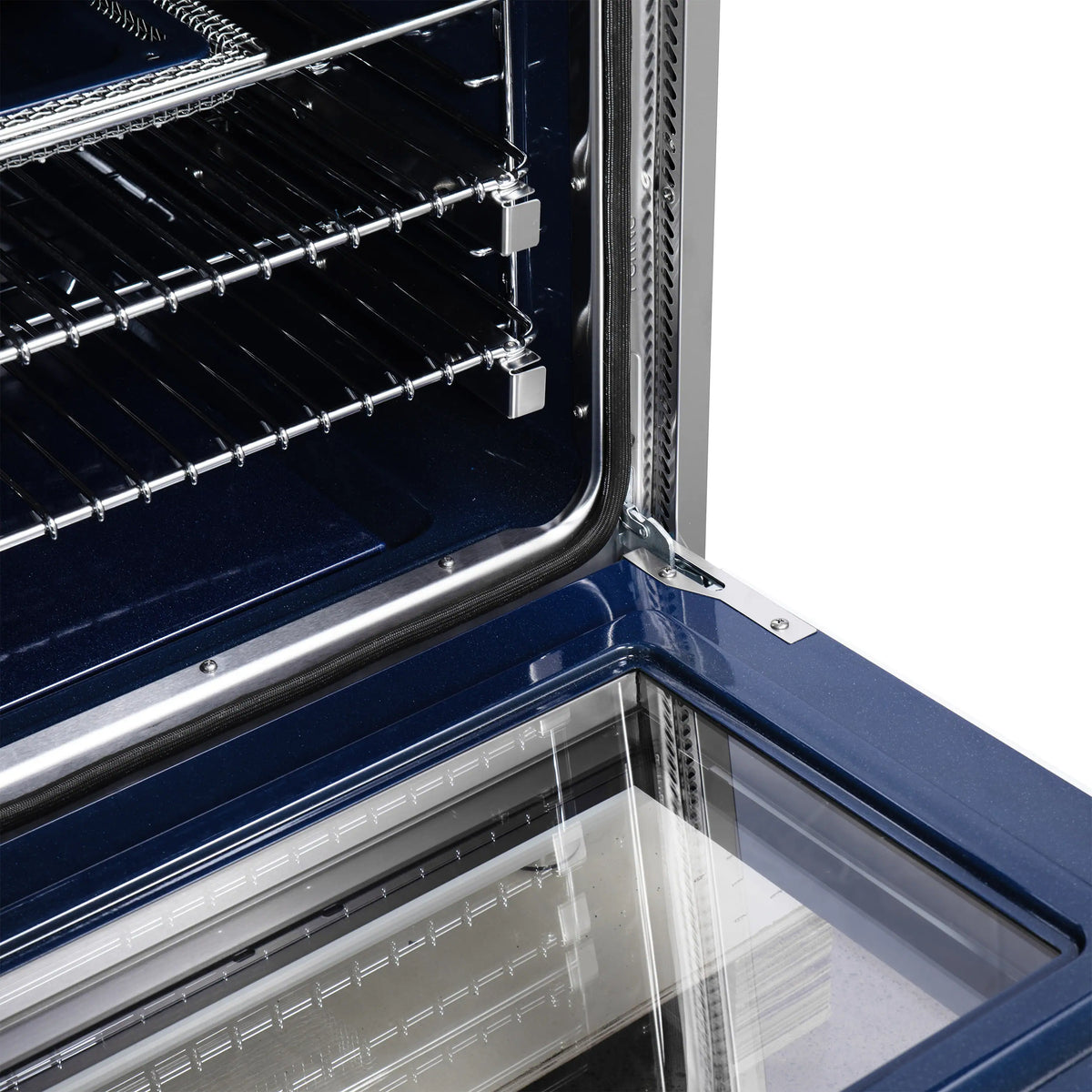 Open oven interior with racks and side heating element, dark enamel back panel