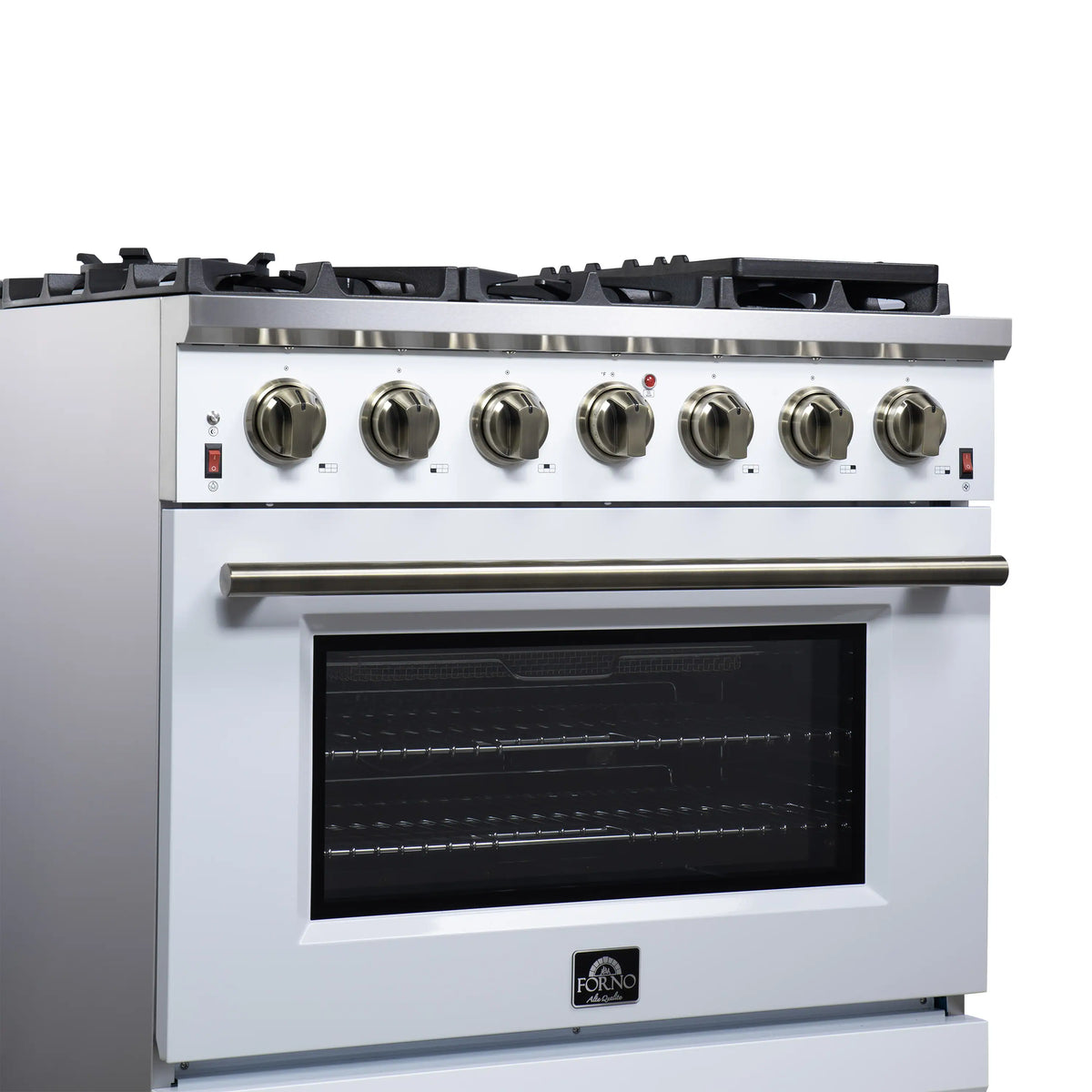 Freestanding gas range with black burner grates, metal handle, and oven window