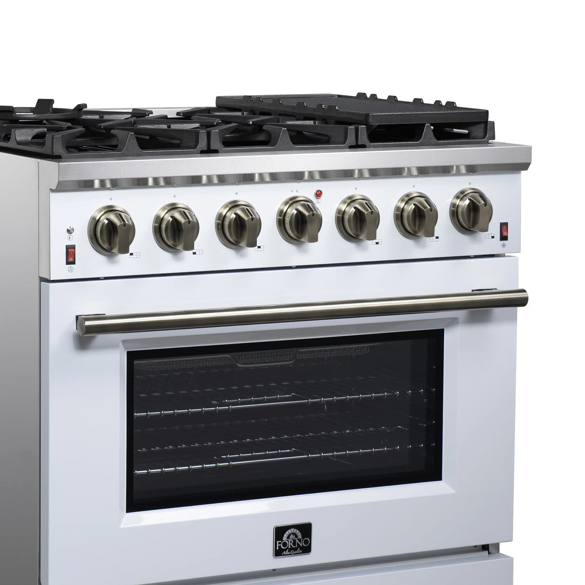Freestanding gas range with black burner grates, control knobs, and oven window