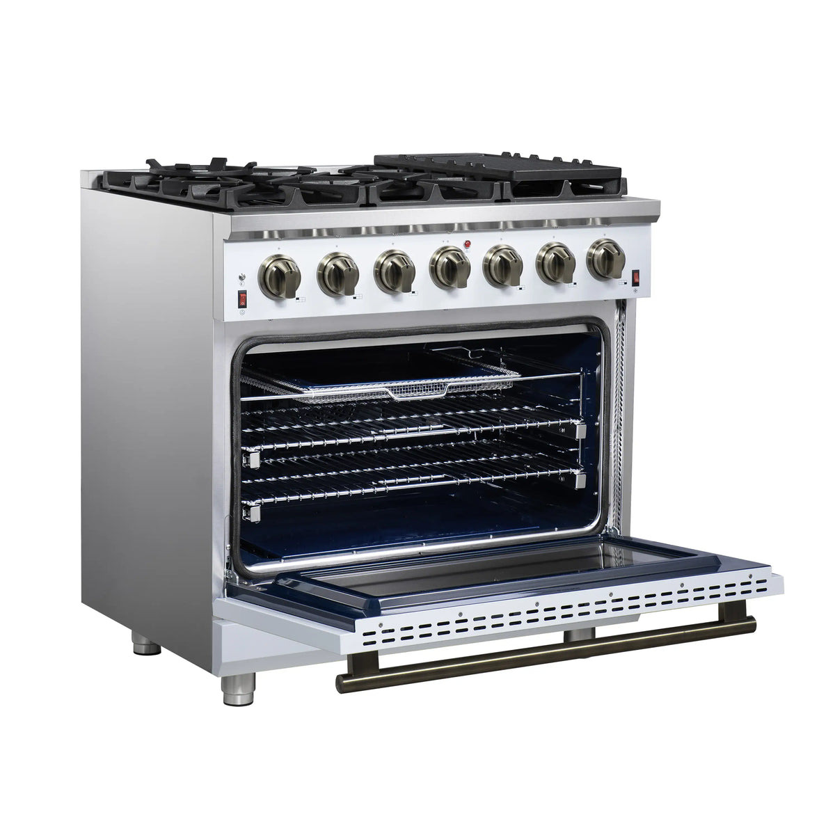 Freestanding gas range with oven door open, black cooktop grates, and control panel knobs