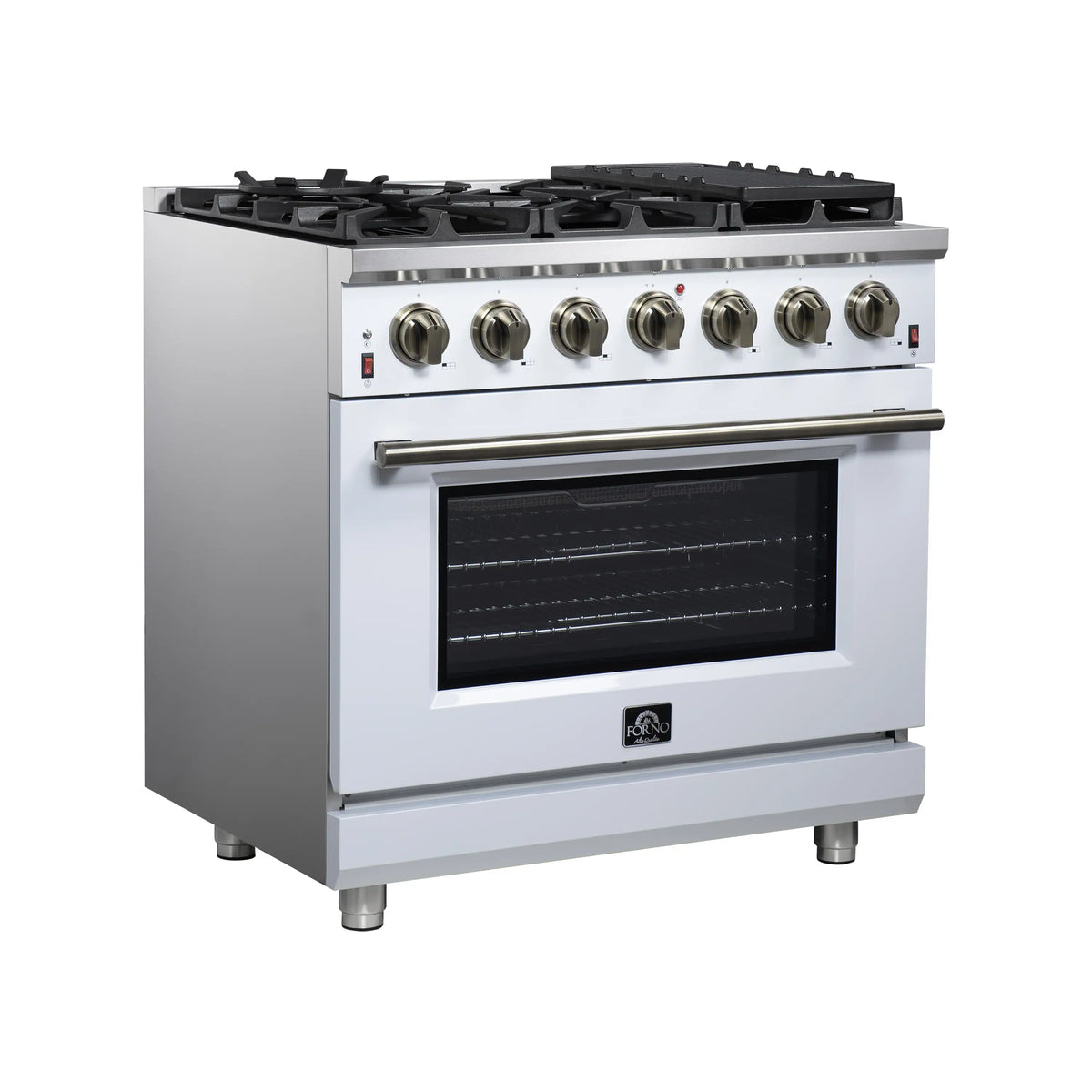 Freestanding gas range with 6 burners and convection oven, white body, brass handle