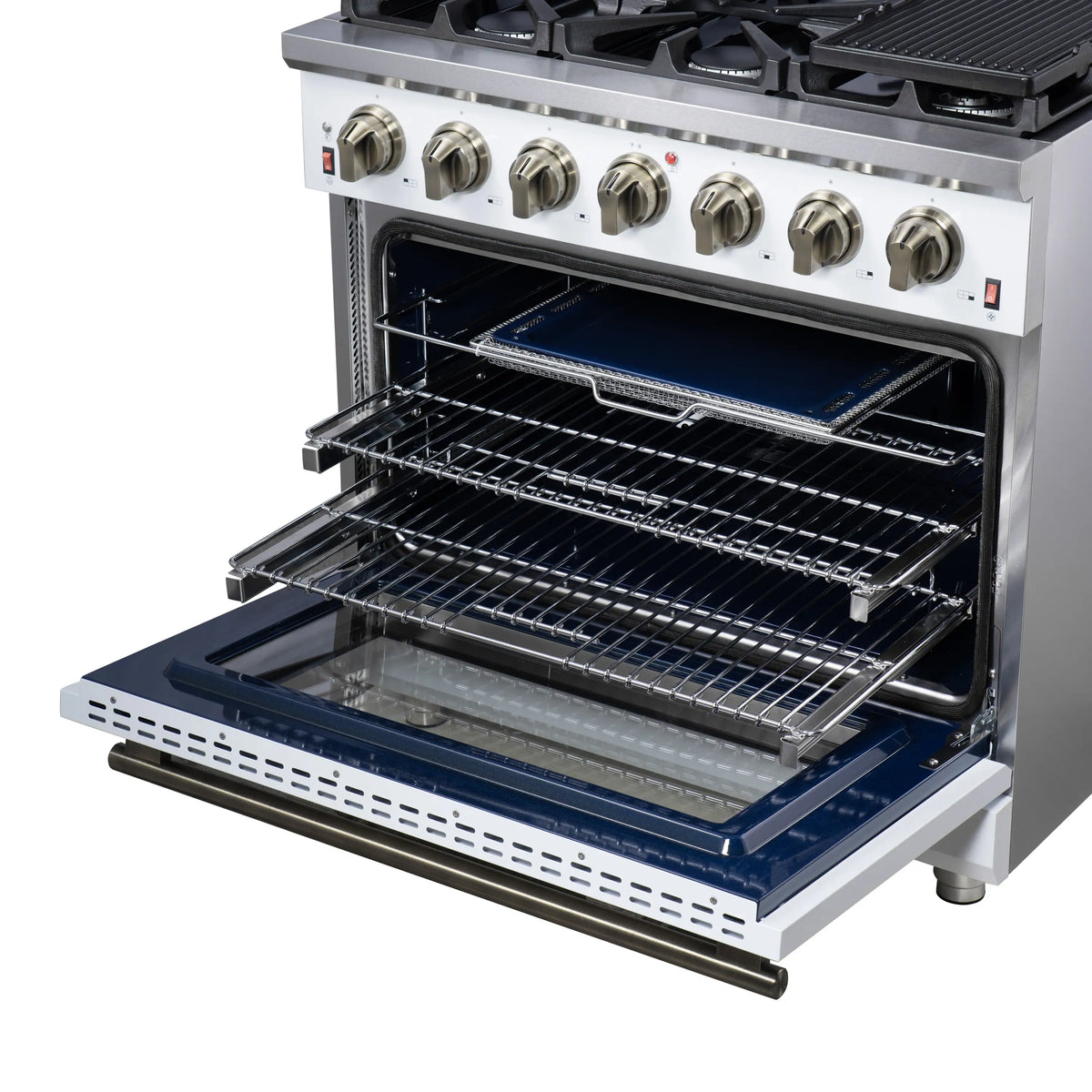 Freestanding gas range with open oven showing wire racks and blue interior lighting
