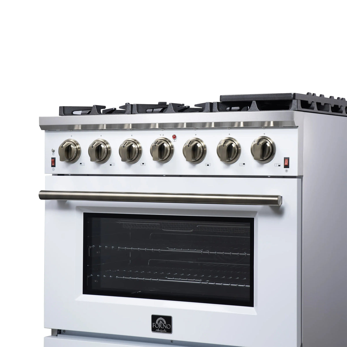 Freestanding gas range with stainless top, black burner grates, and oven window
