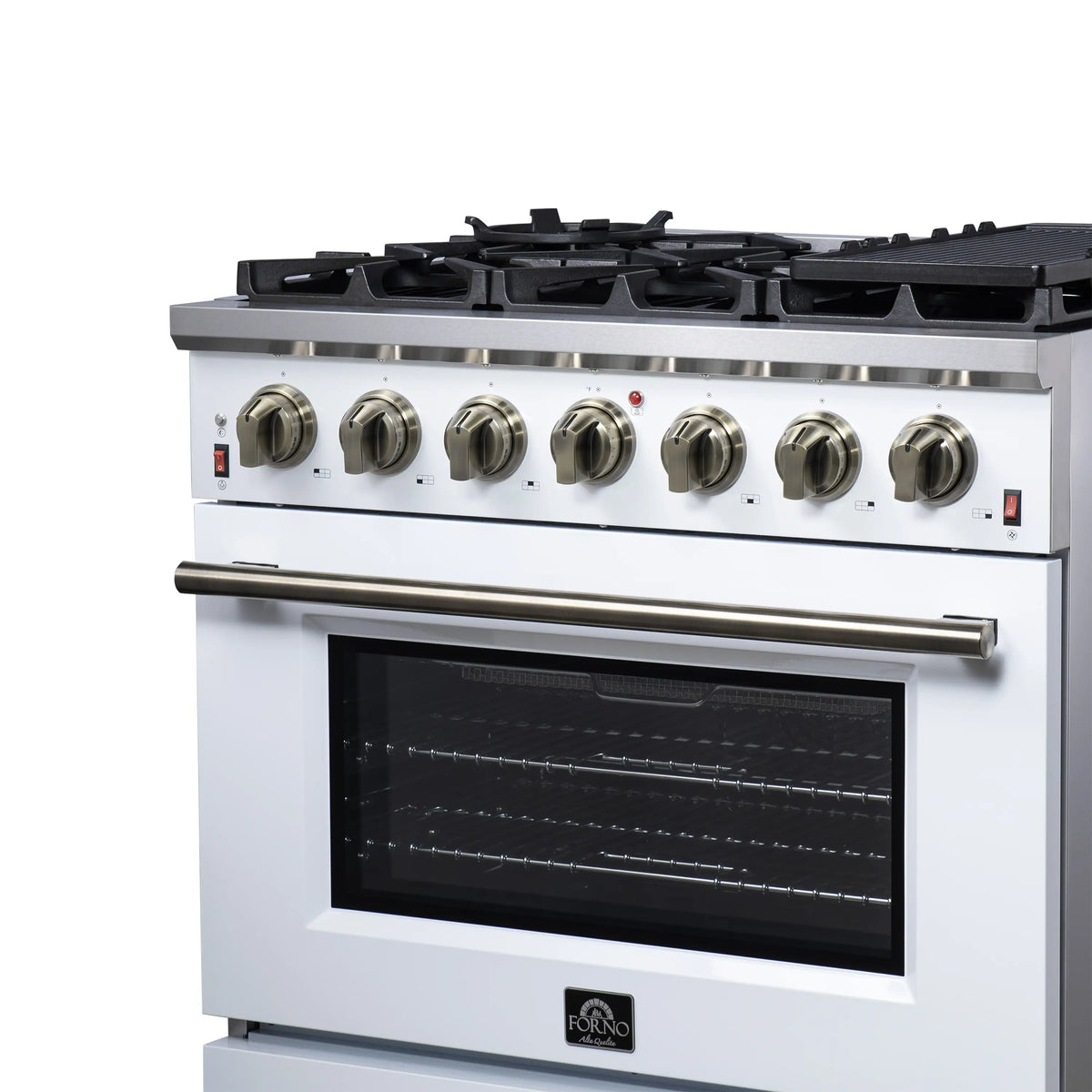 Freestanding gas range with seven control knobs, black cooktop grates, and oven door window