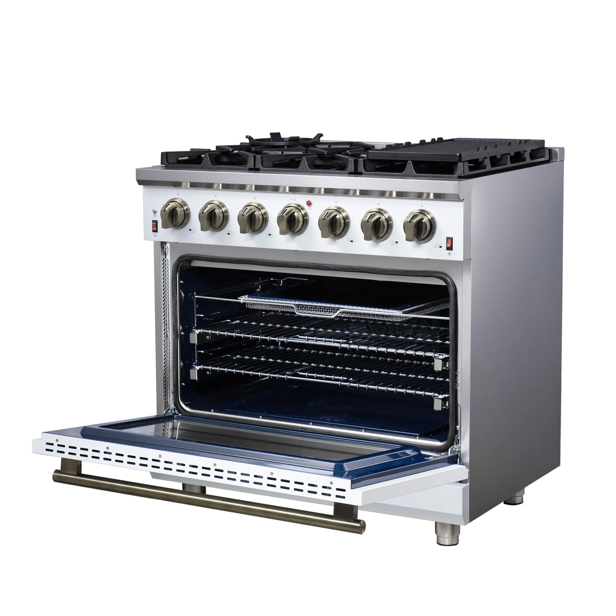 Freestanding gas range with black grates, control knobs, and open convection oven door