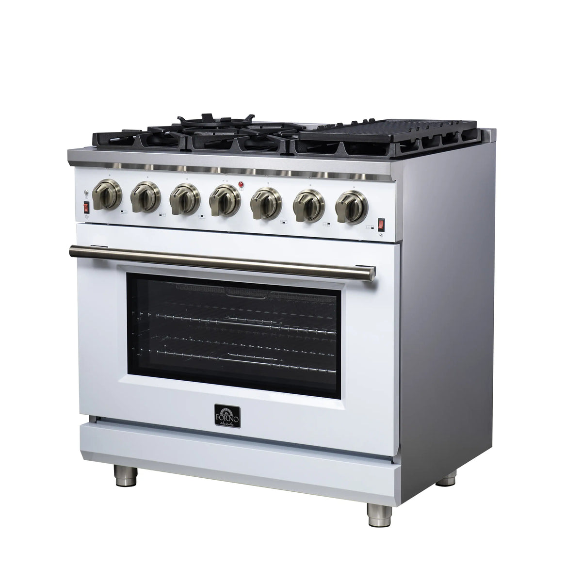 Freestanding gas range with black cooktop grates, control knobs, and closed oven window