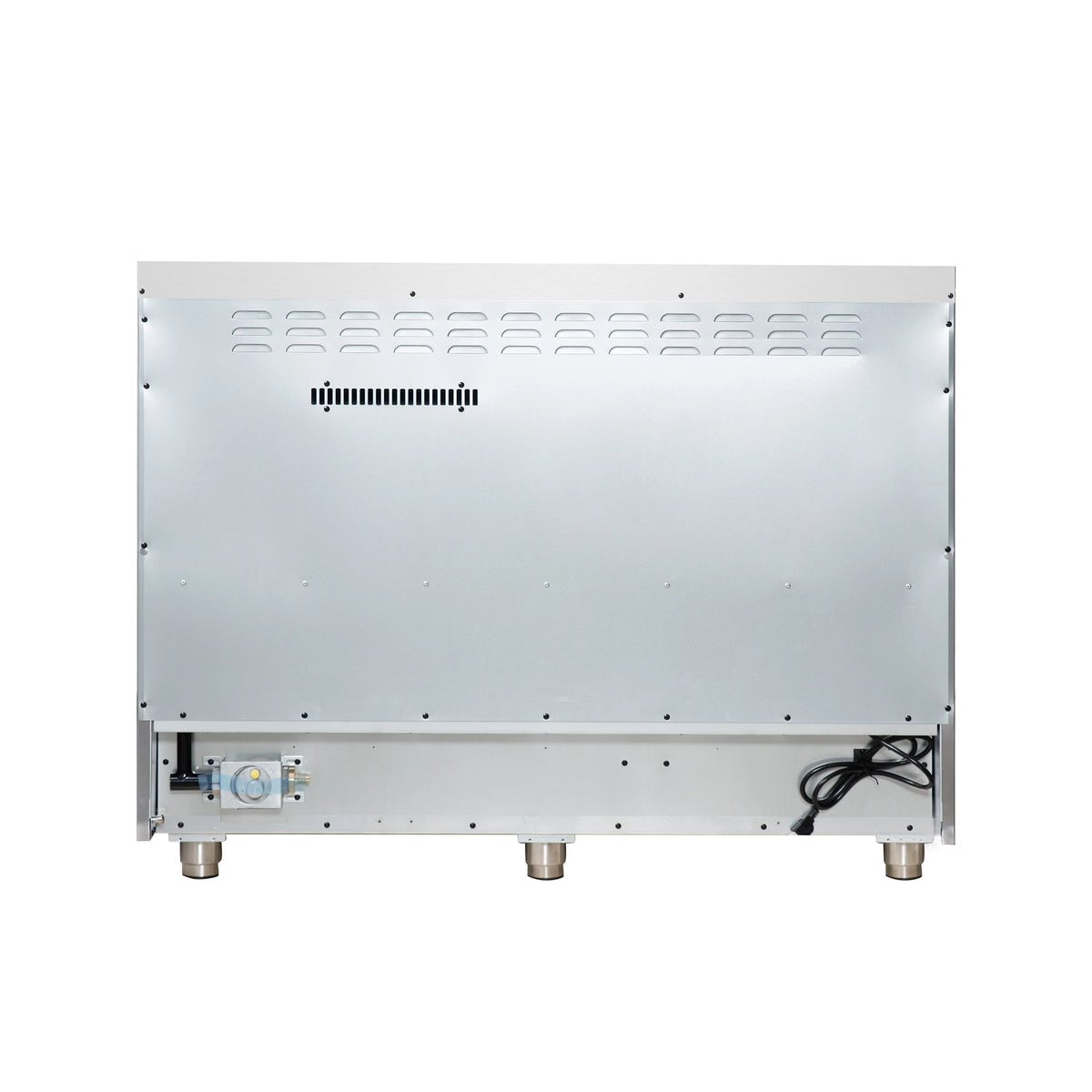 Underside of freestanding gas range with ventilation grilles and power cord
