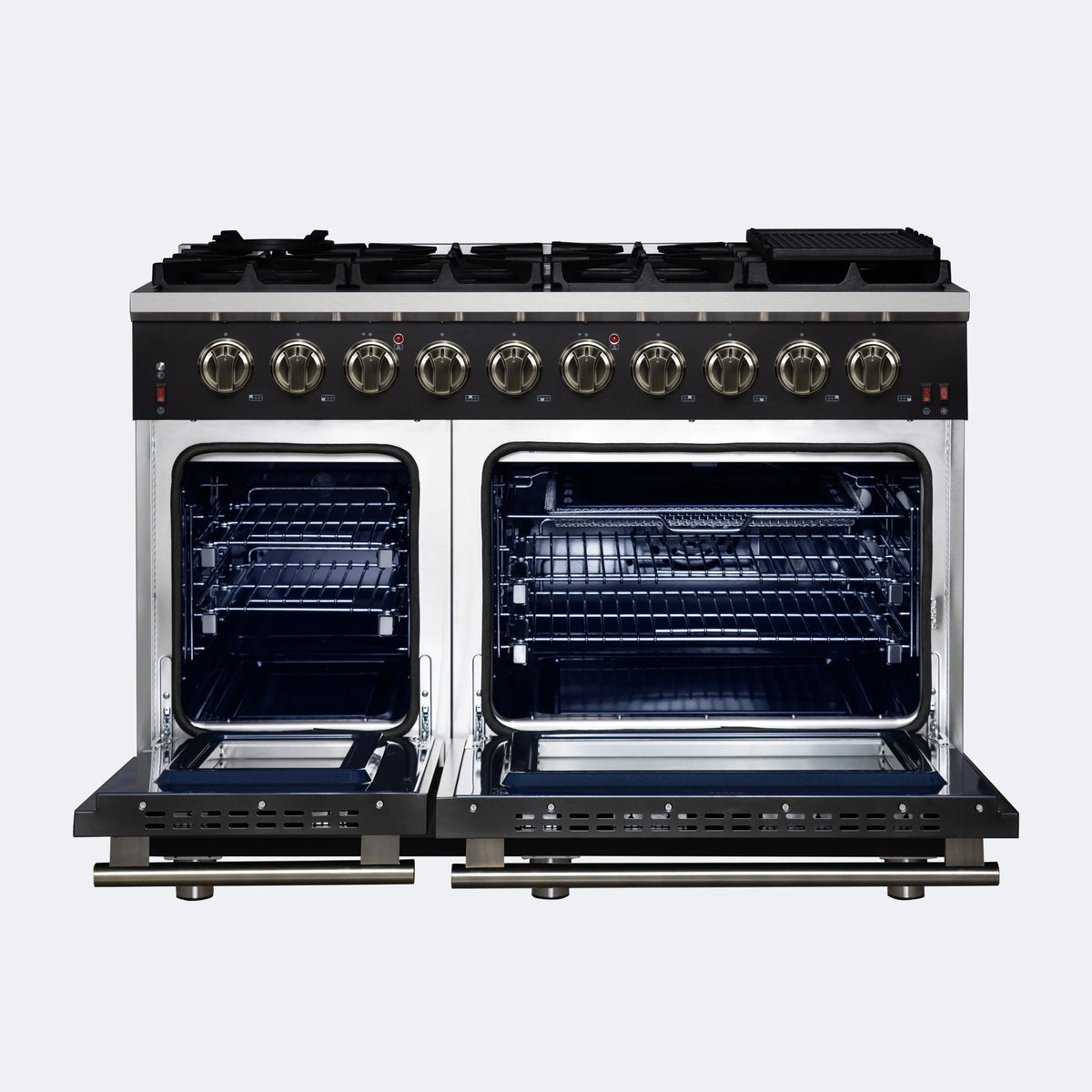 Black freestanding gas range with both ovens open, racks inside, and brass-toned knobs