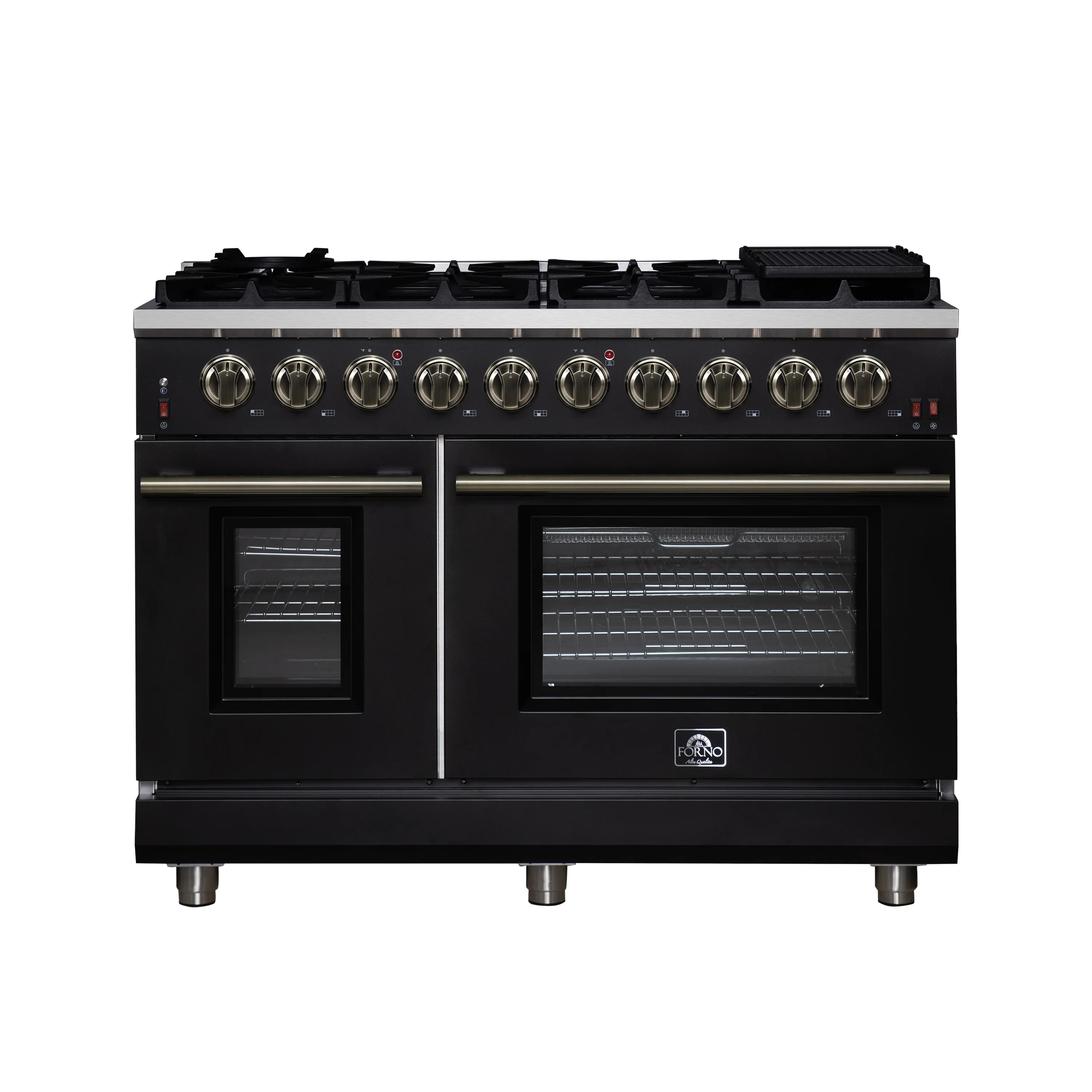 Black freestanding gas range with 8 burners, brass knobs, and convection oven doors