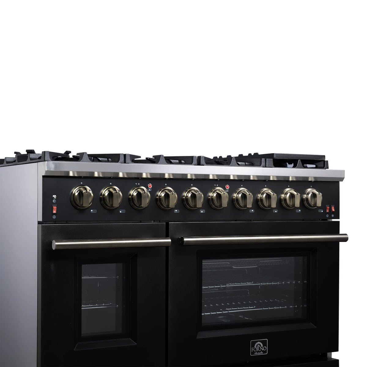 Black gas range control panel with brass-toned knobs and stainless top trim