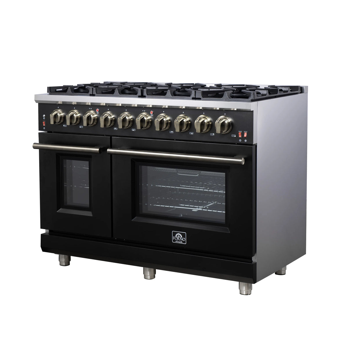 Black freestanding gas range with brass-toned knobs, oven doors, and long silver handle