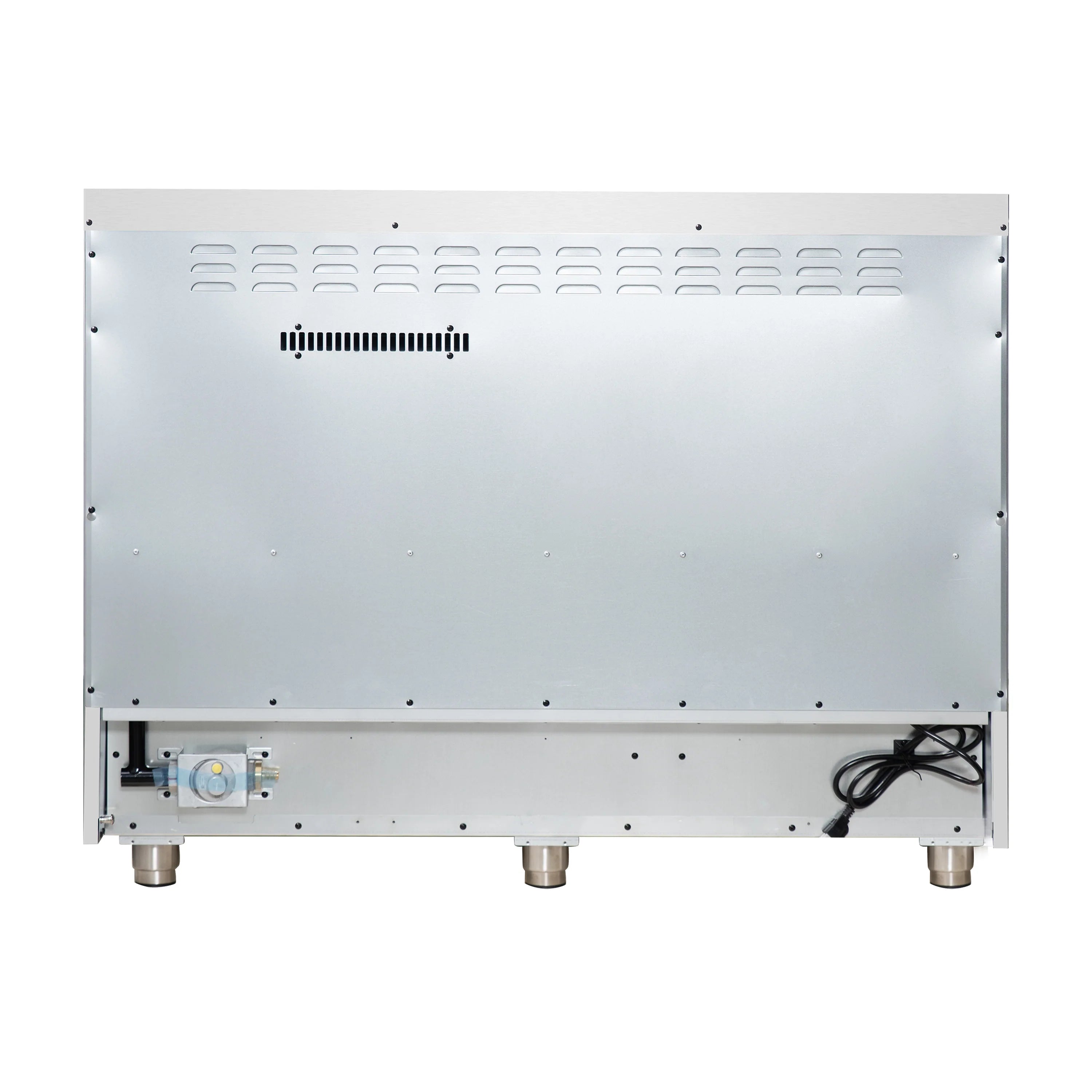 White freestanding gas range underside with vented metal panel and rear components.