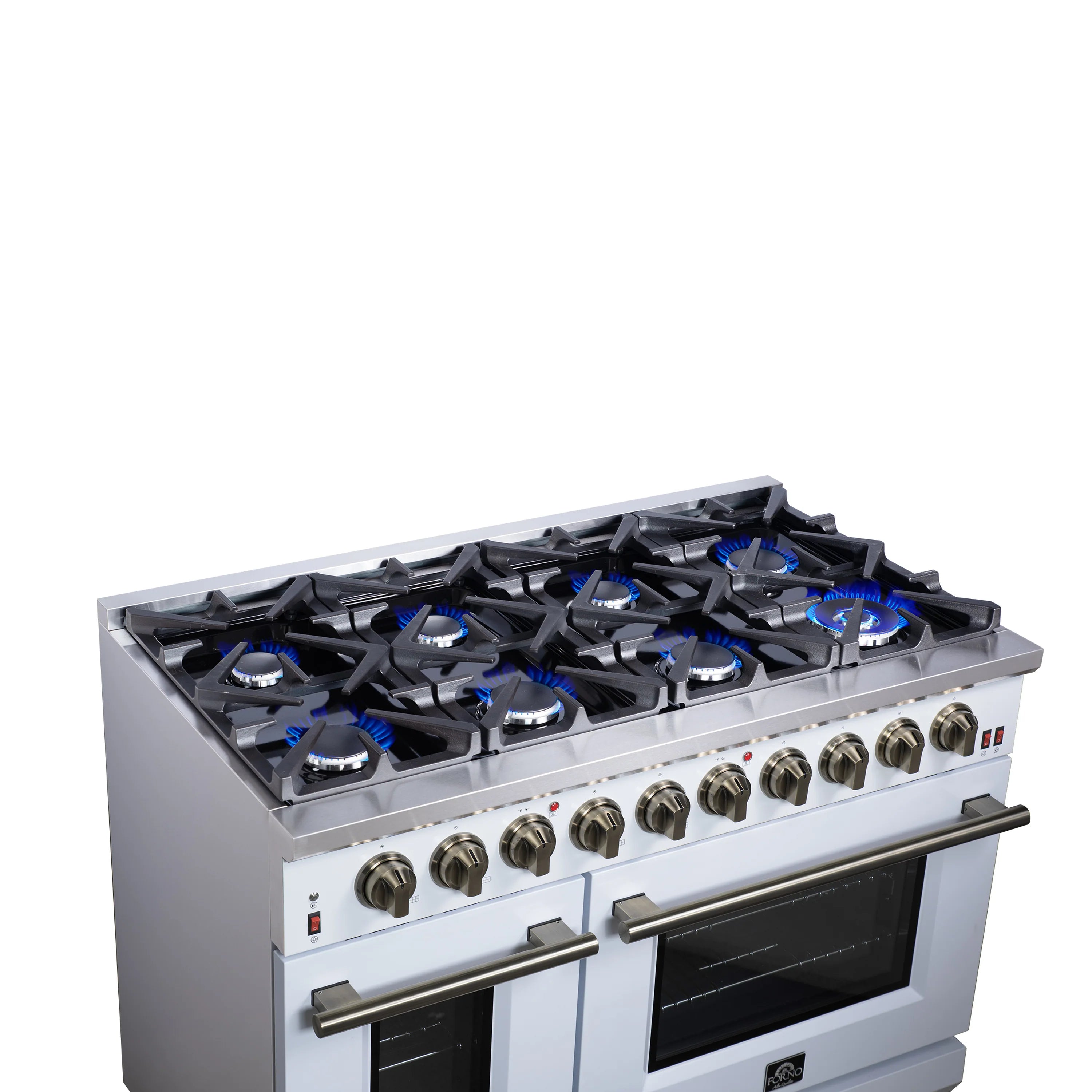 White freestanding gas range with 8 lit burners and two oven doors, front angled view.