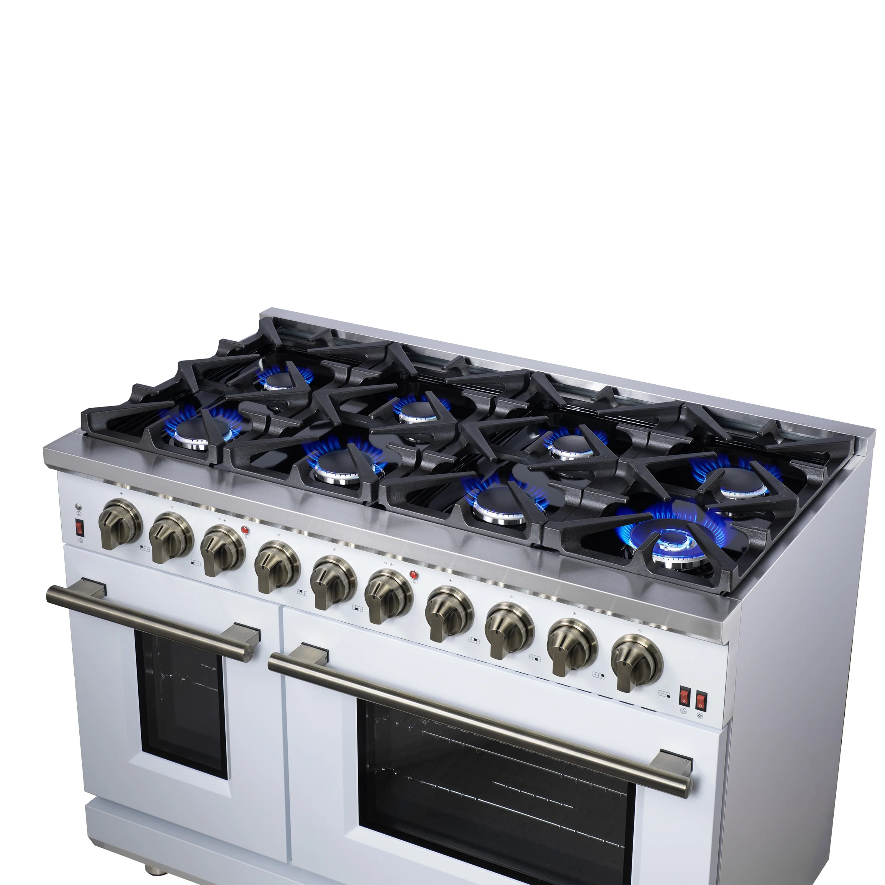 White freestanding gas range with 8 burners and blue flames, angled cooktop view.