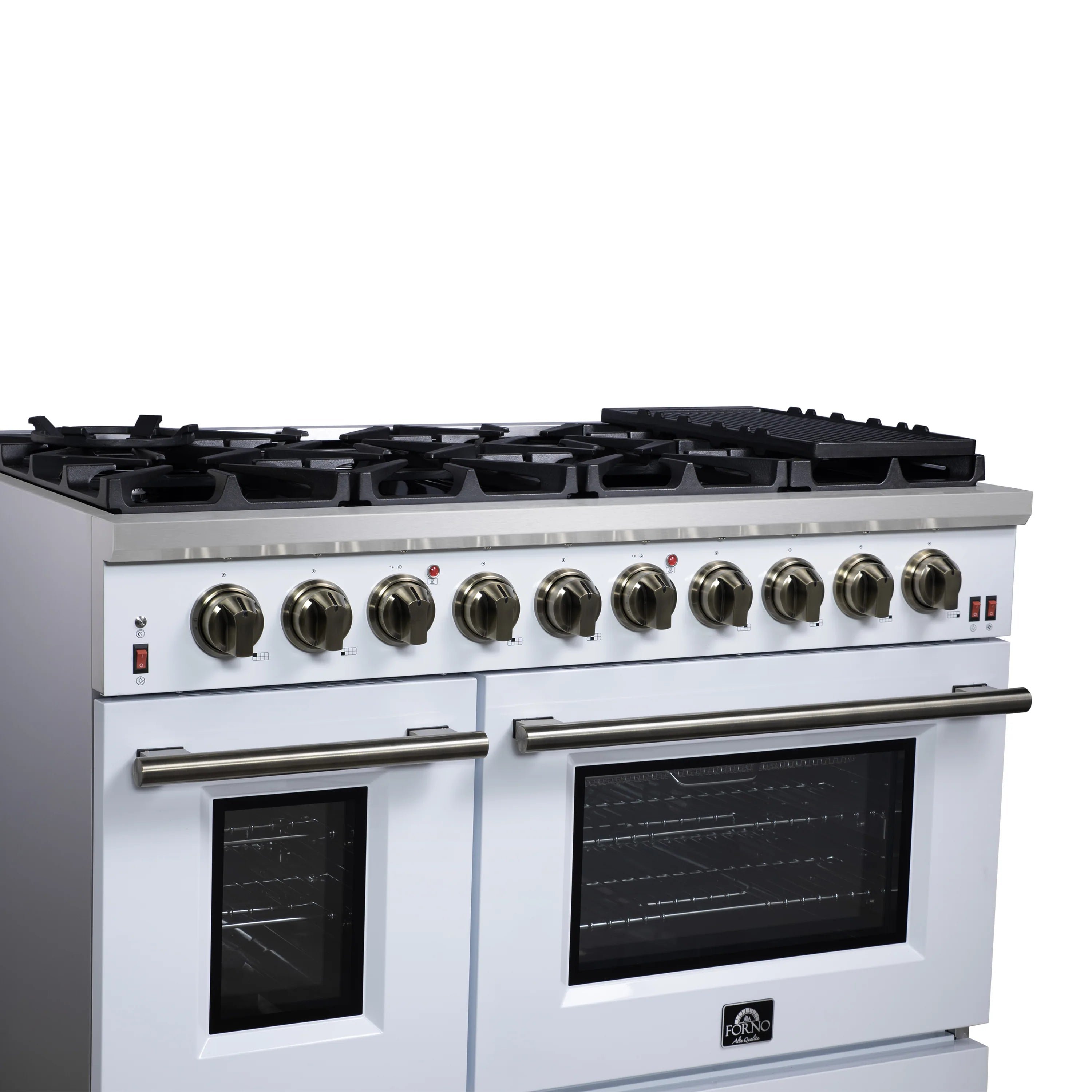 White freestanding gas range showing brass knobs, stainless cooktop, and two oven windows