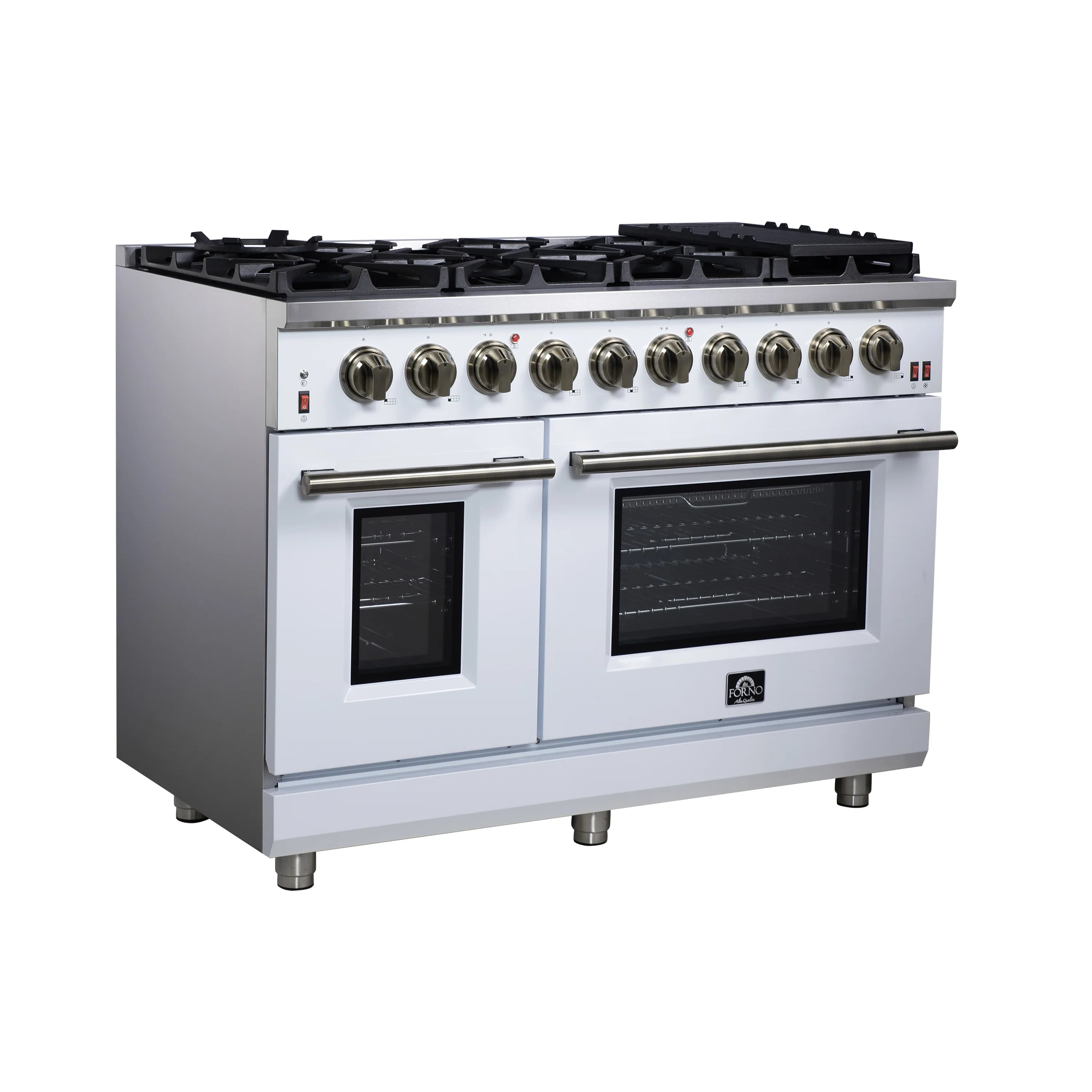 White freestanding gas range with brass knobs, black cooktop grates, and two oven windows
