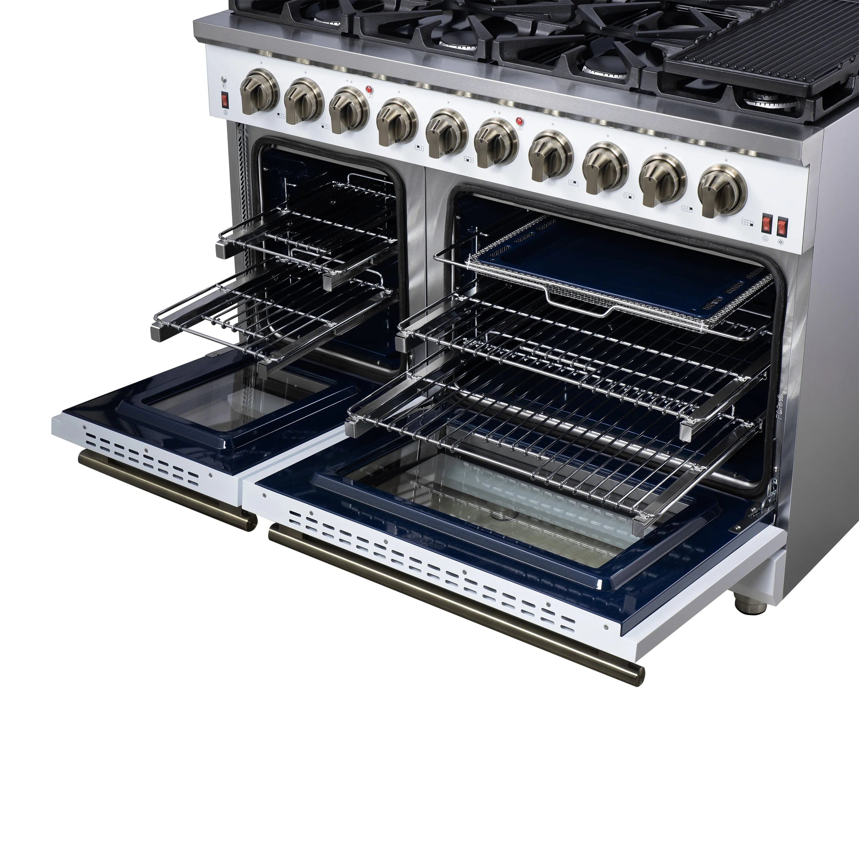 Freestanding gas range with open convection oven doors, wire racks, and metal bake trays
