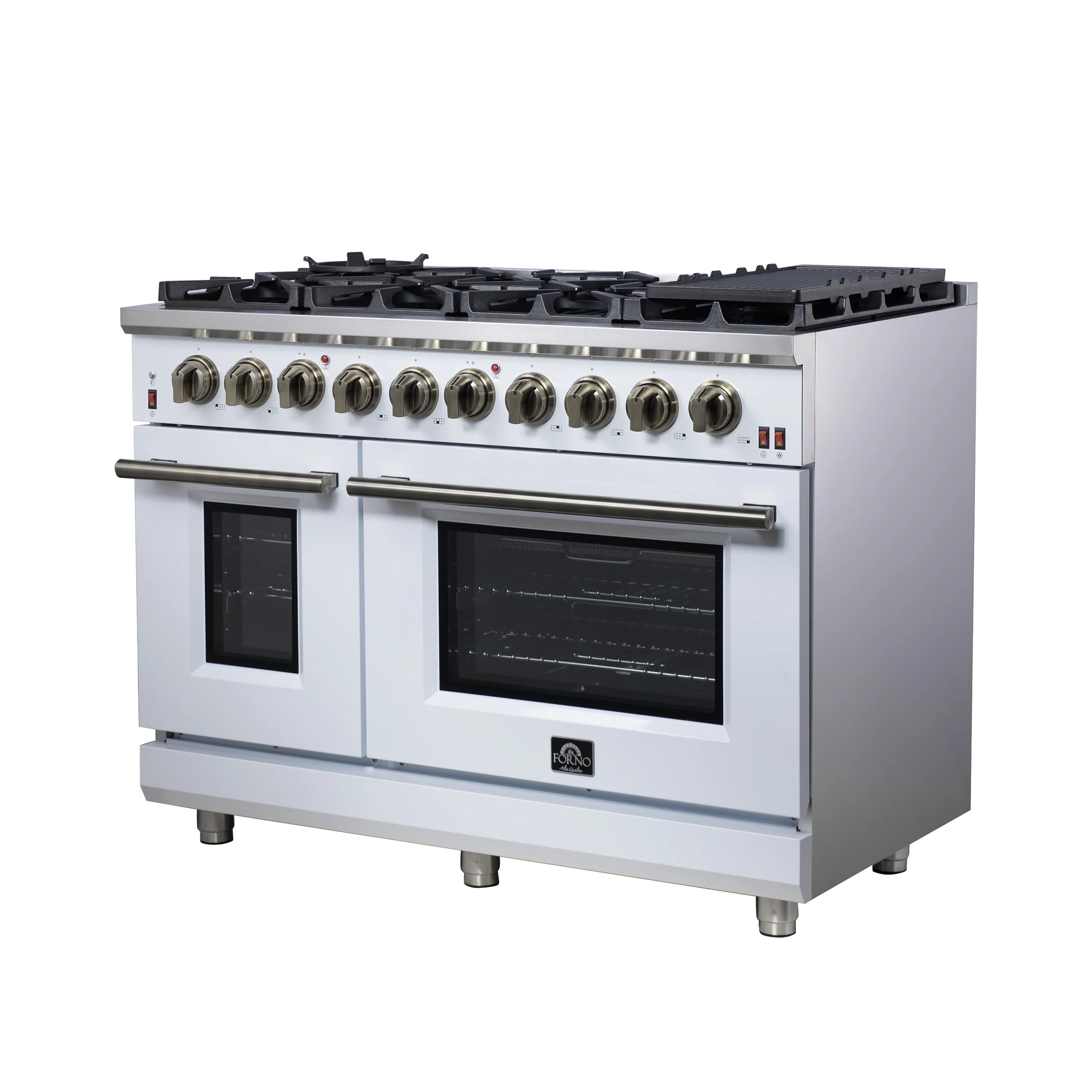 White freestanding gas range with brass control knobs, dual oven doors, and black cooktop grates