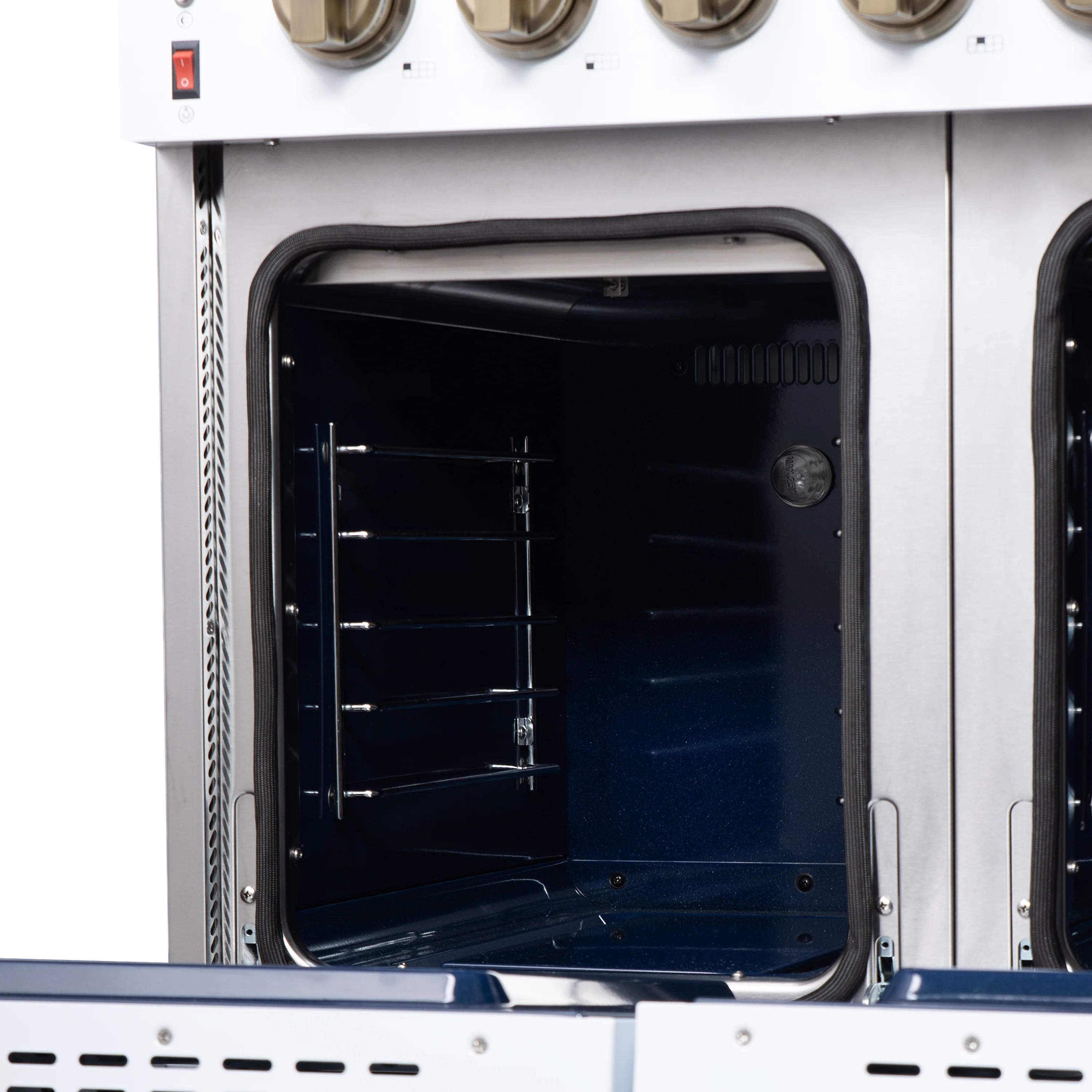 Open convection oven door with dark interior racks and oven lamp on the side.