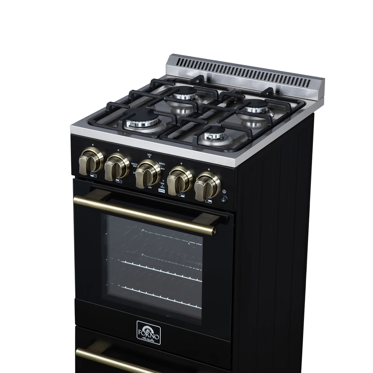 Black freestanding gas range with brass control knobs, front burner grates, and oven window