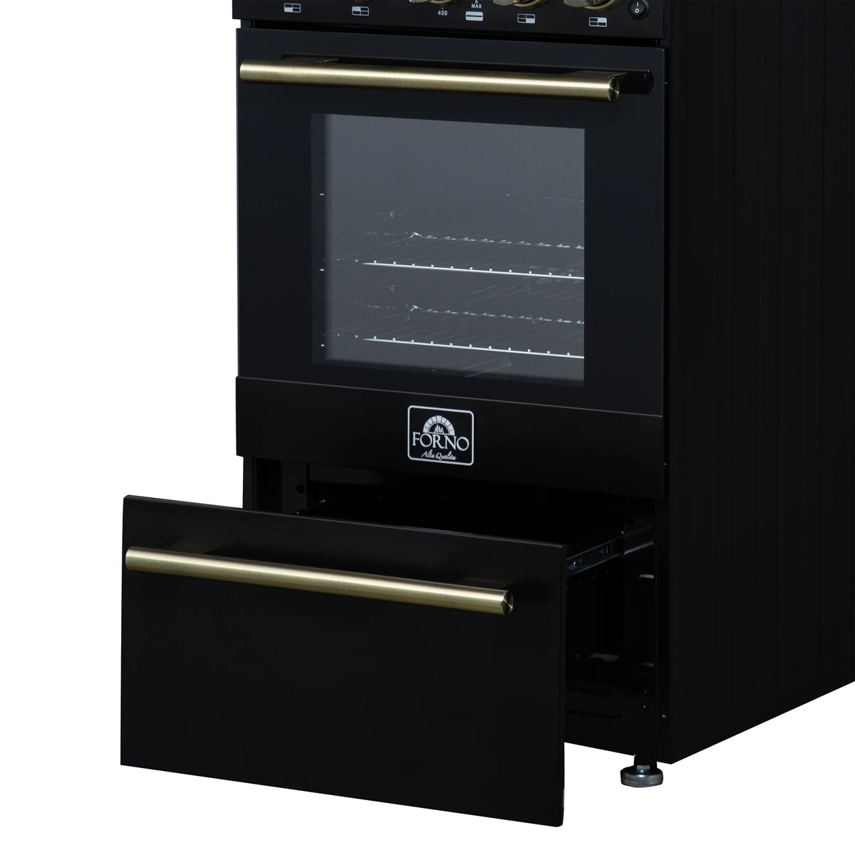 Black oven door with glass window and antique brass handle on freestanding gas range