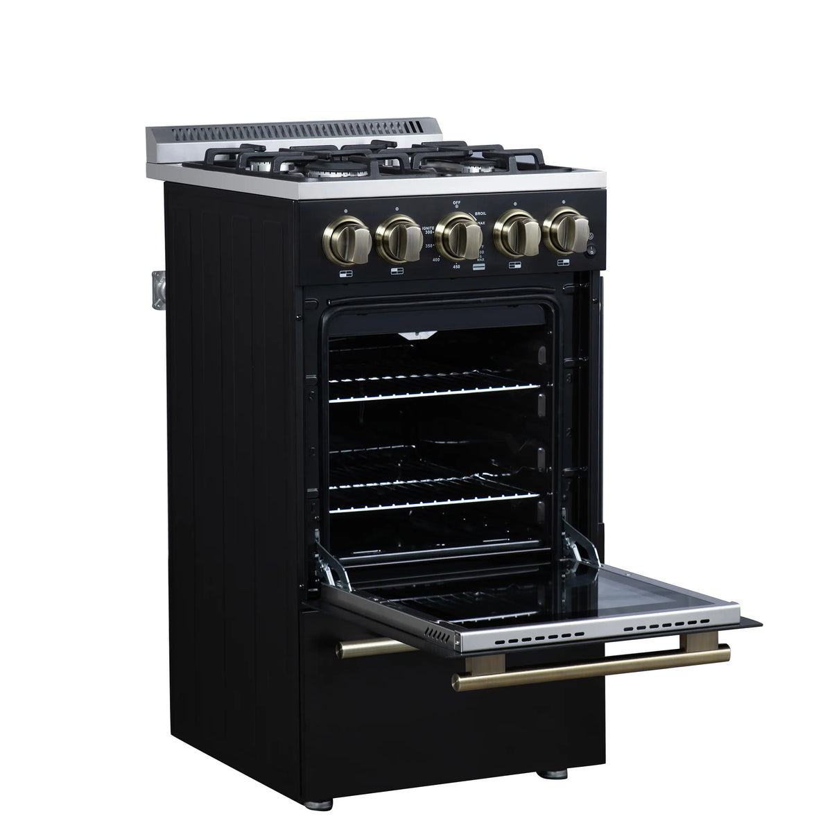 Black freestanding gas range with oven door open, interior racks visible, and brass trim