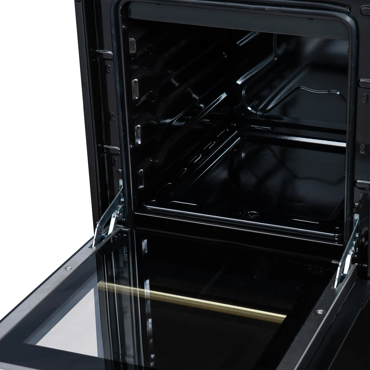 Open oven interior of black freestanding gas range with racks and glass door frame