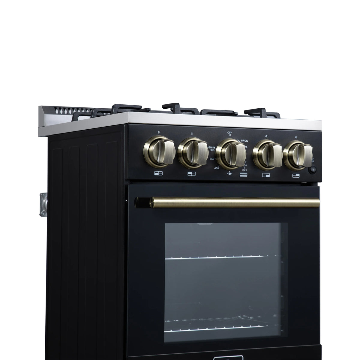 Freestanding black gas range with brass control knobs and oven window