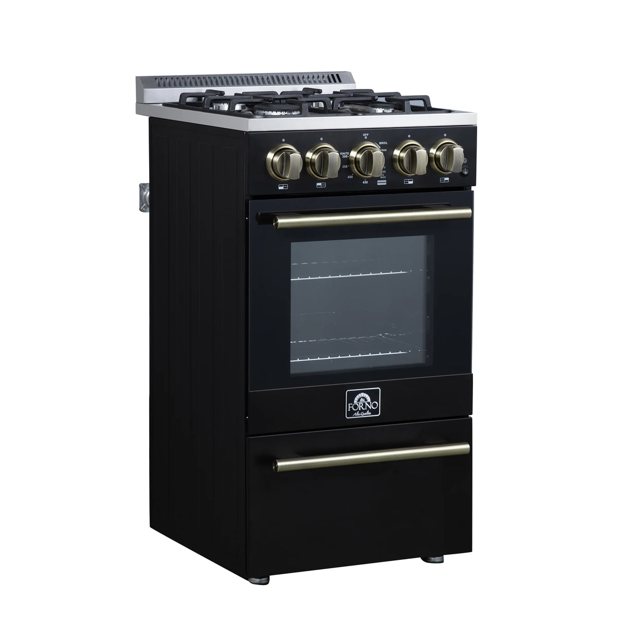 Black freestanding gas range with brass knobs, burner grates, and glass oven door