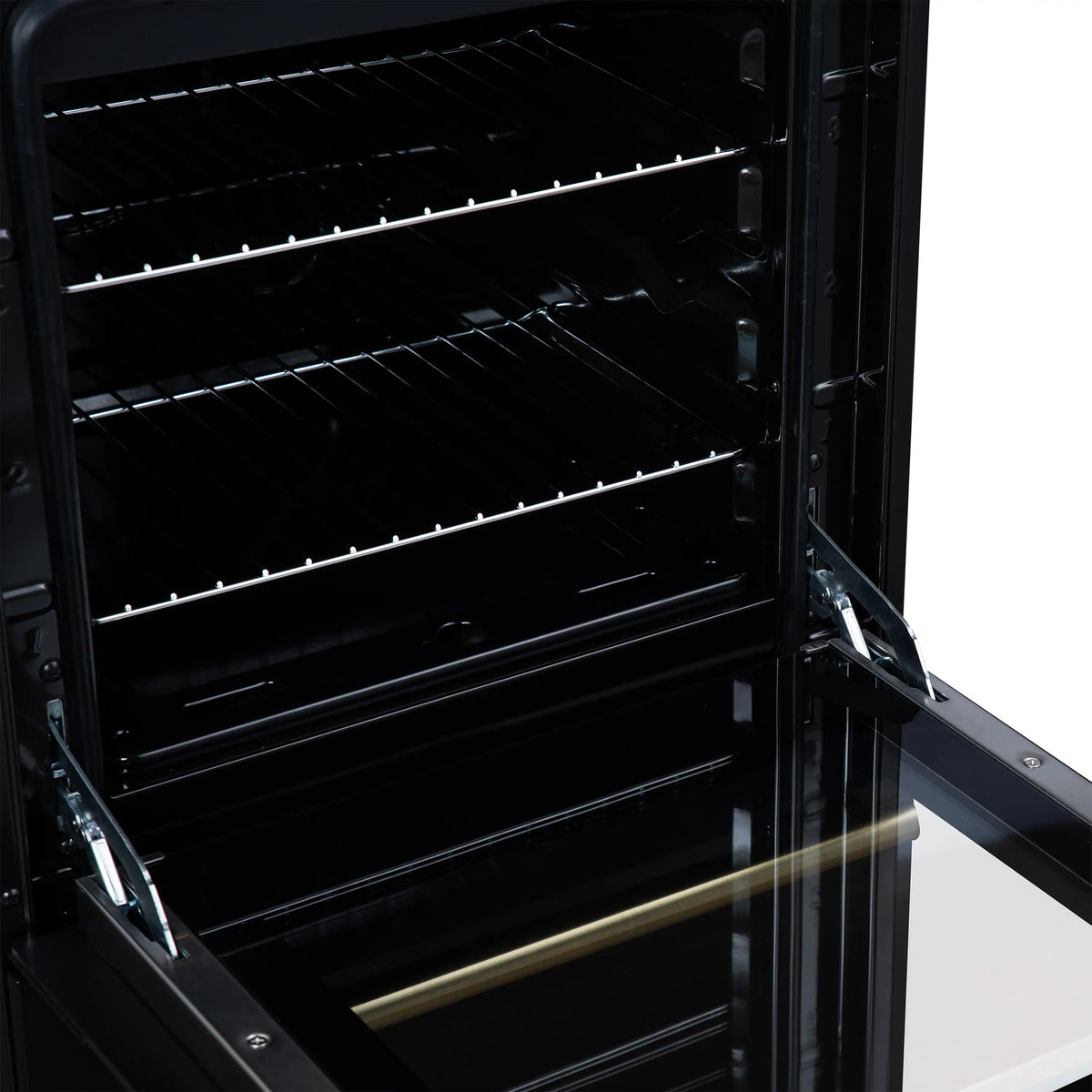 Black gas oven with open door showing wire racks and interior walls