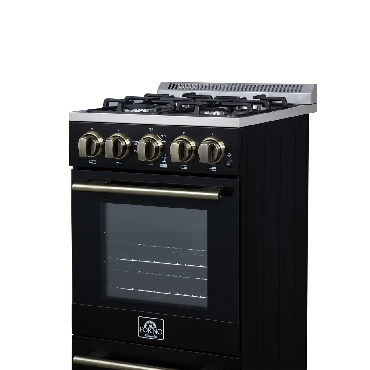 Black gas range with brass knobs, stainless grates, and oven window