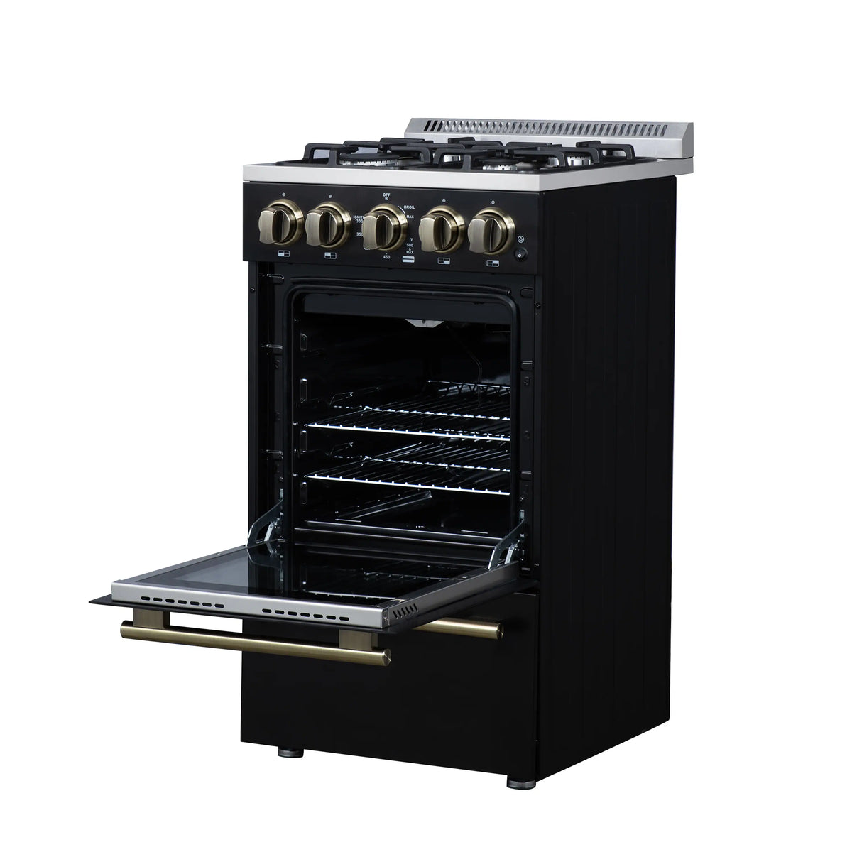 Black gas range with open oven door, exposed racks, and brass pull-out tray