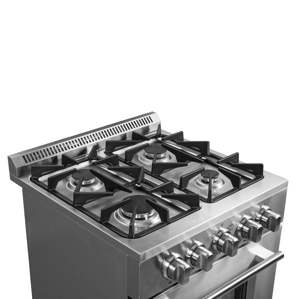 Stainless steel gas range top with four burners, black grates, and knob control area.