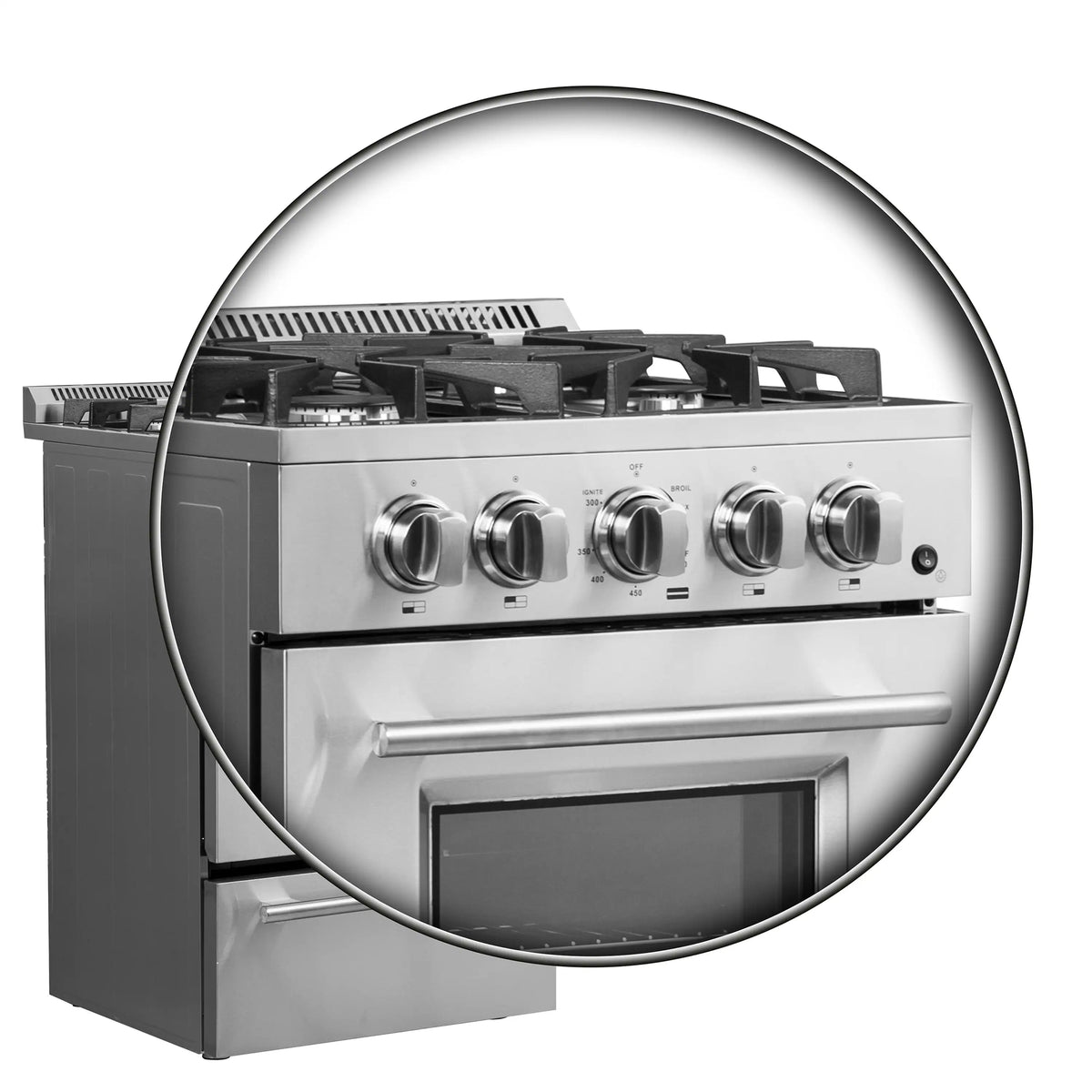 Stainless steel 24-inch gas range control panel with five knobs and burner grates